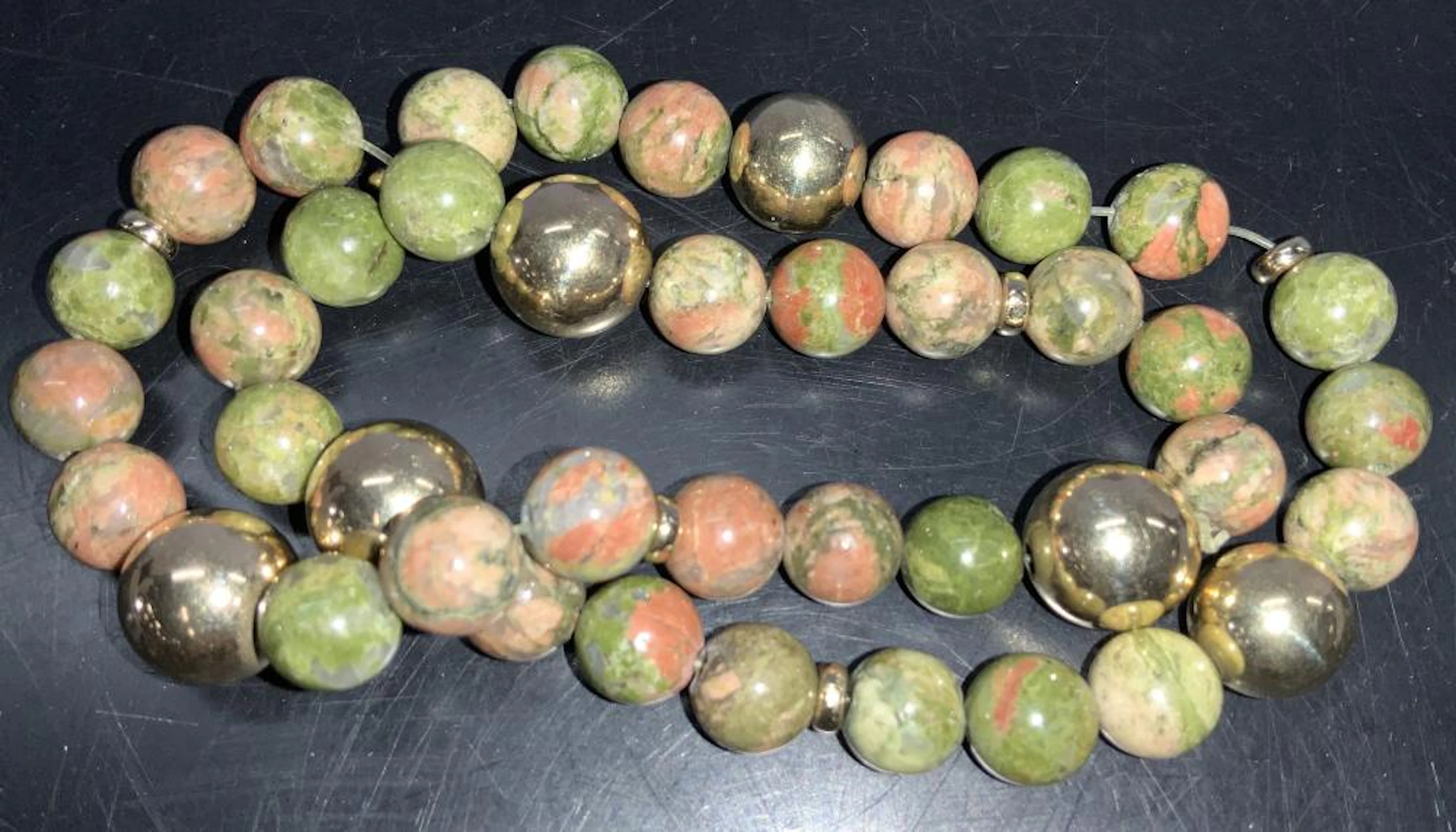 Pair Unakite and 14 K Gold Beaded Bracelets