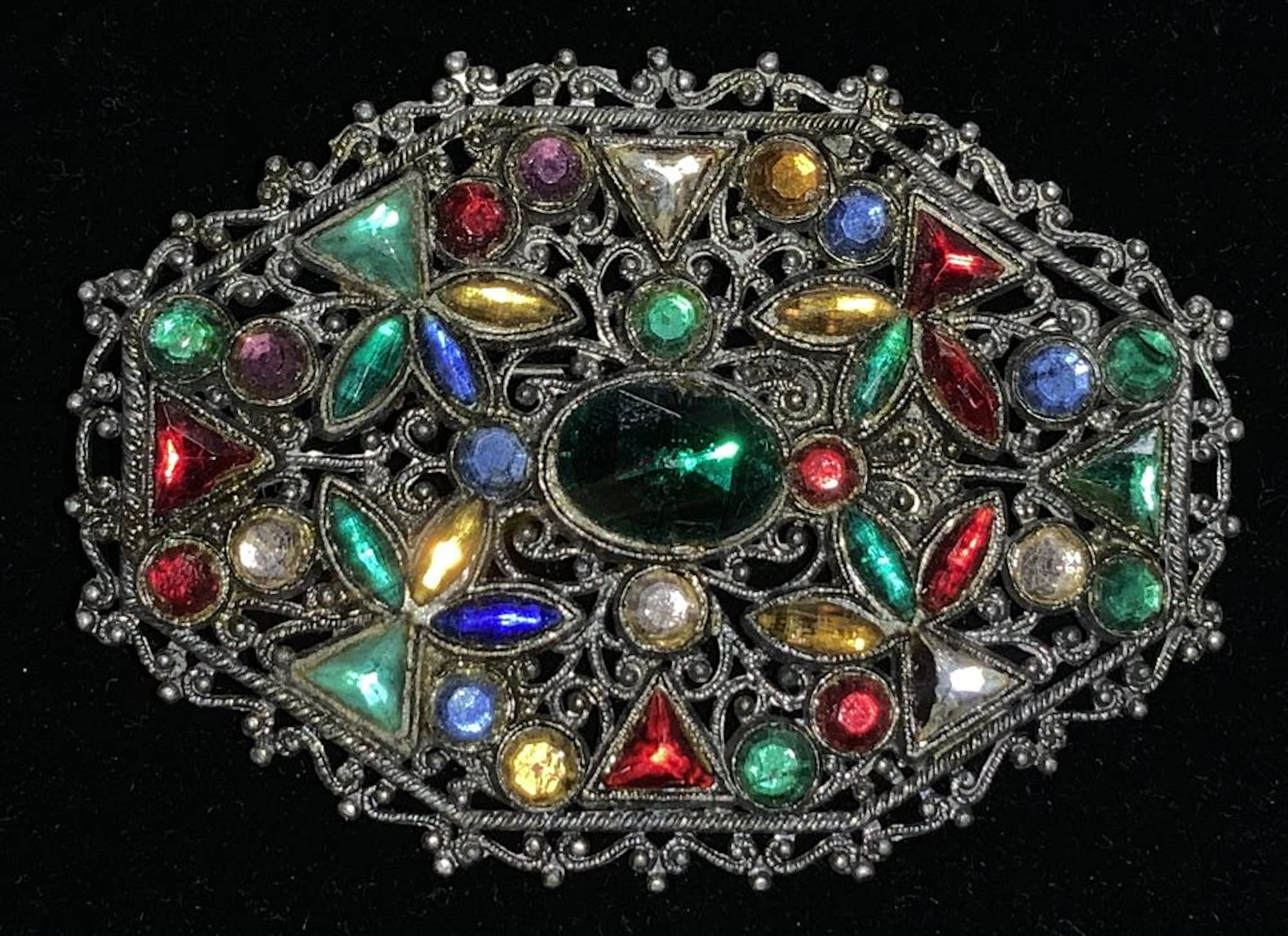 Renaissance Style Multi colored Rhinestone Brooch