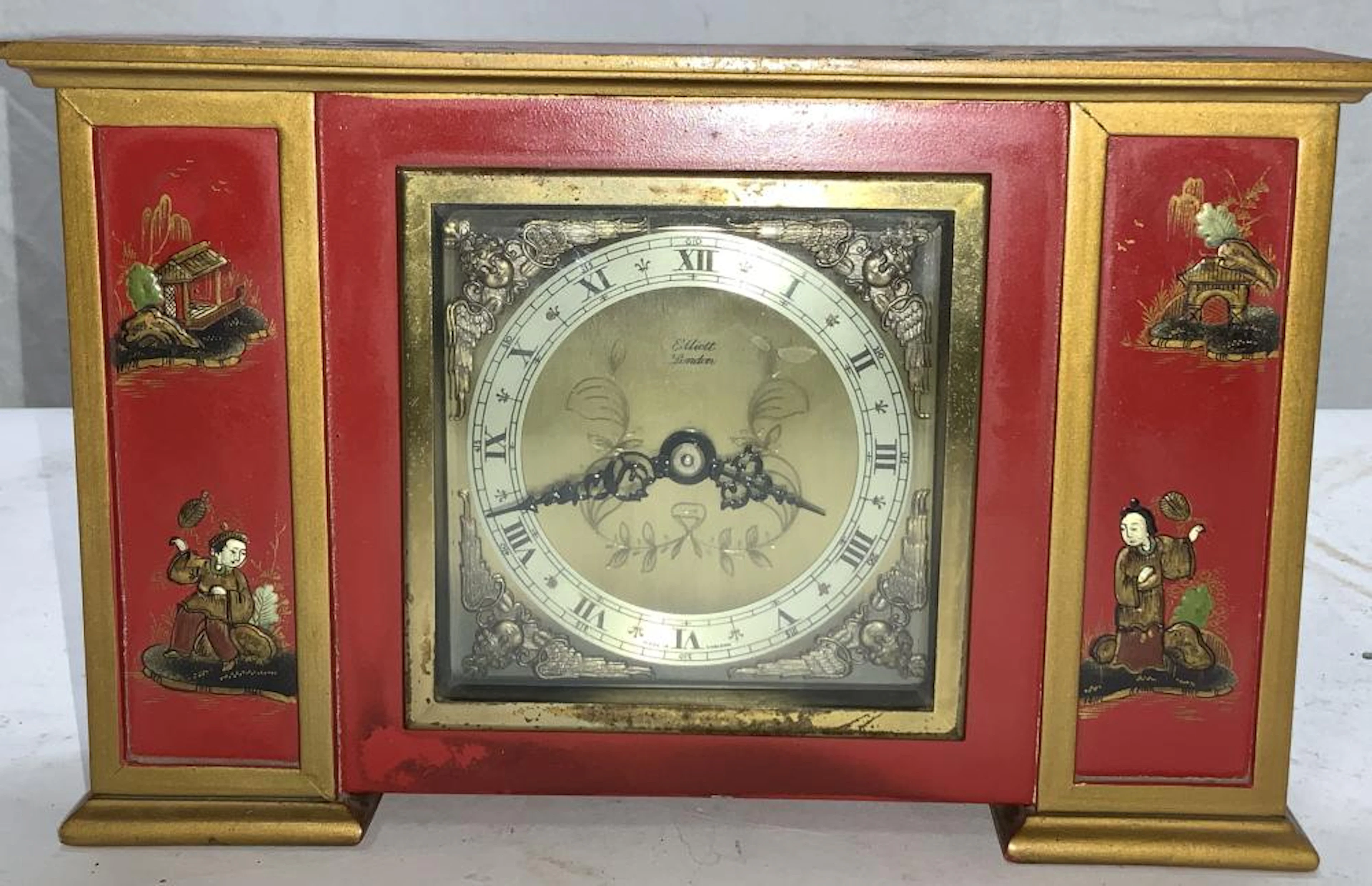 ELLIOTT LONDON Painted Wood Asian Mantle Clock