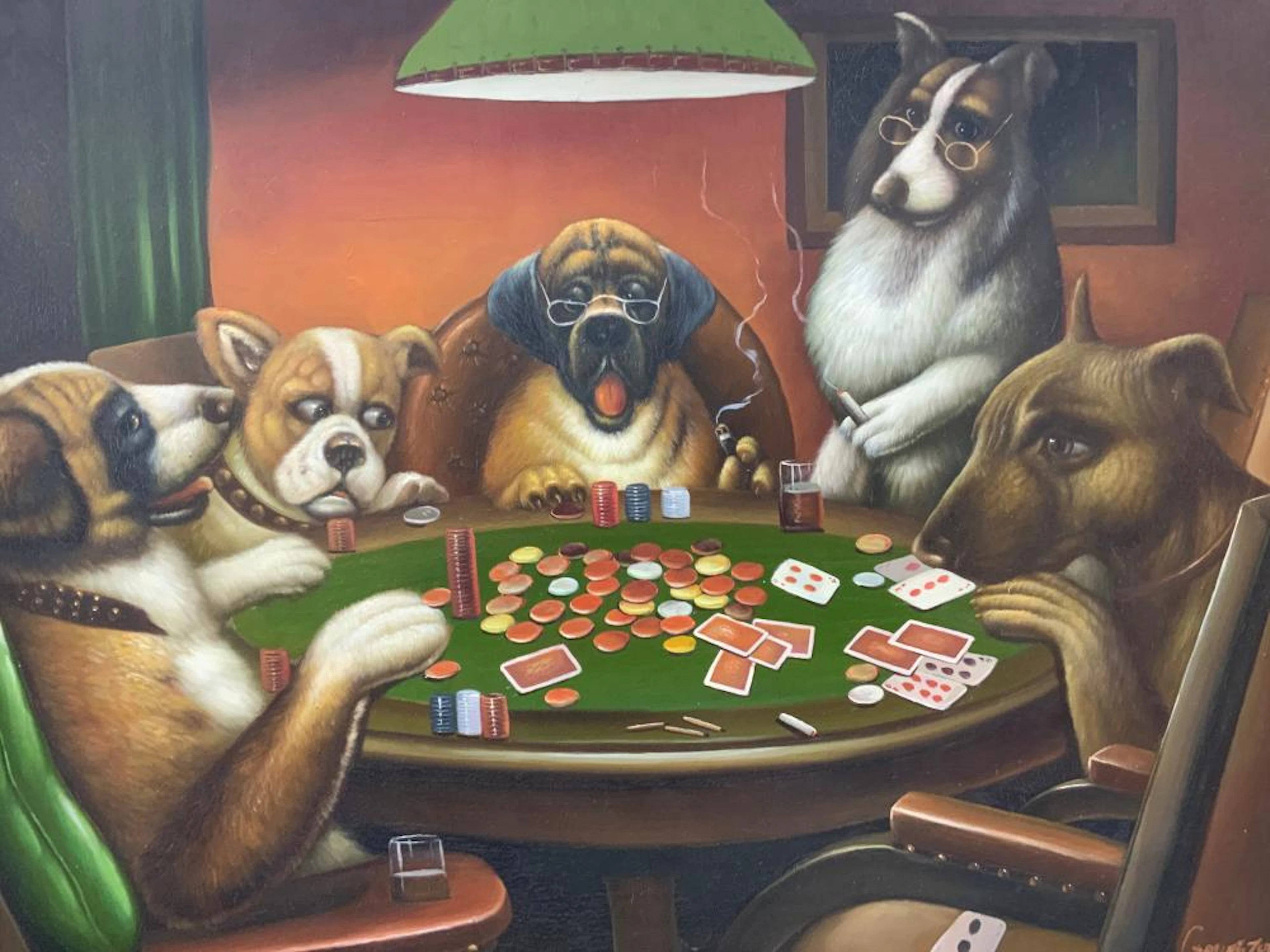 Signed Dogs Playing Poker Oil Painting