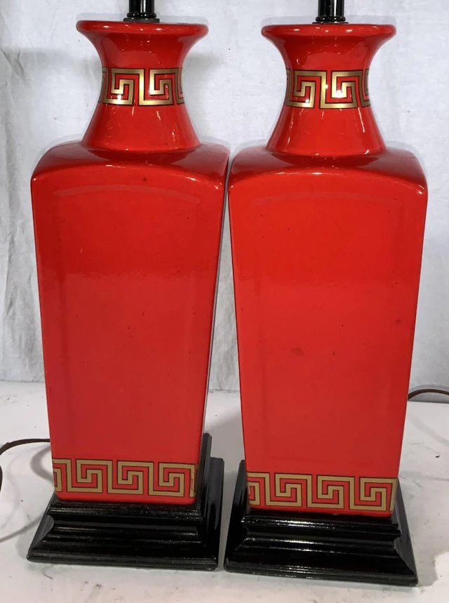 Red Ceramic Greek Key Asian Lamp Pair