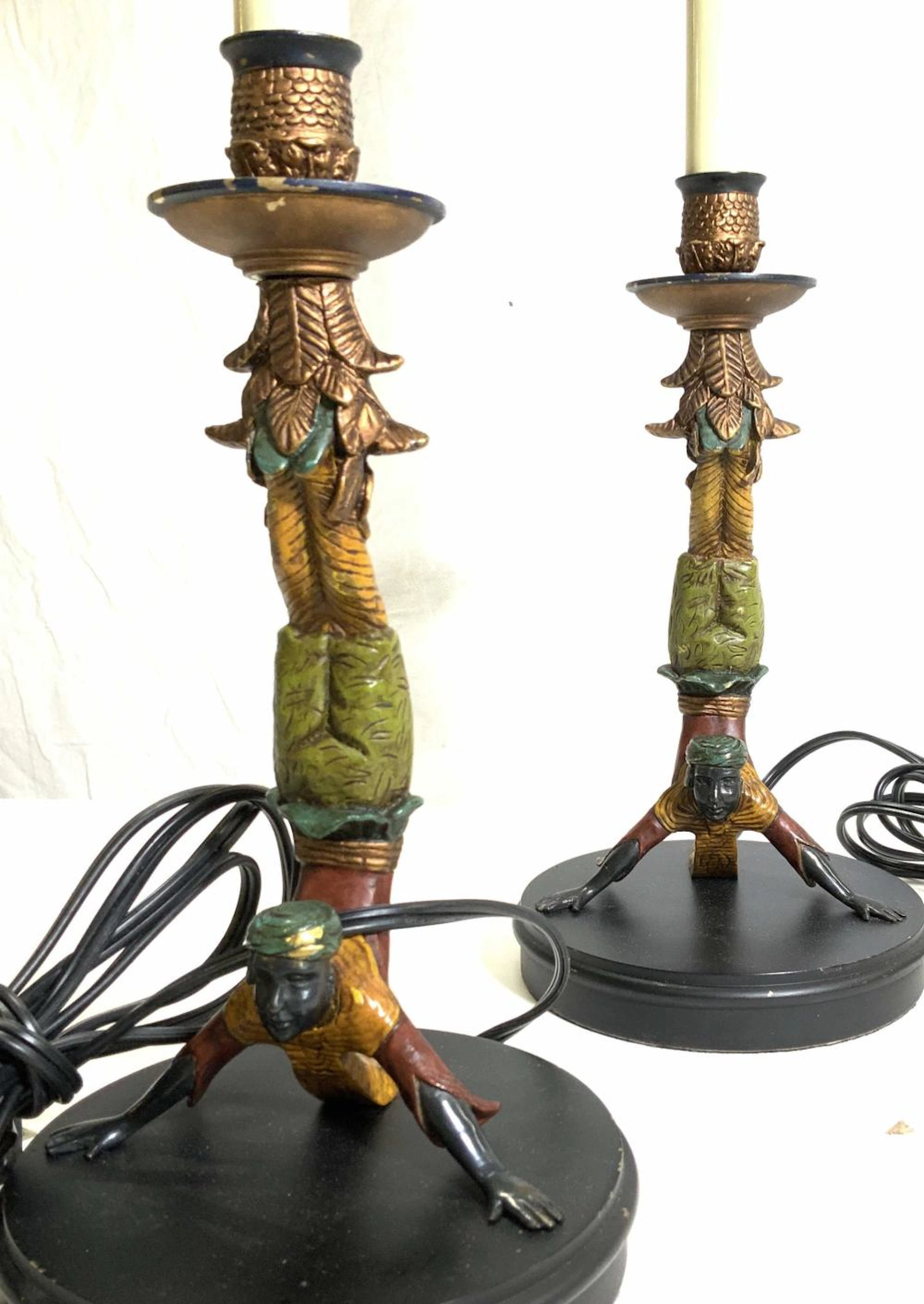 Pair Vtg Blackamoor Acrobats Buffet Lamps