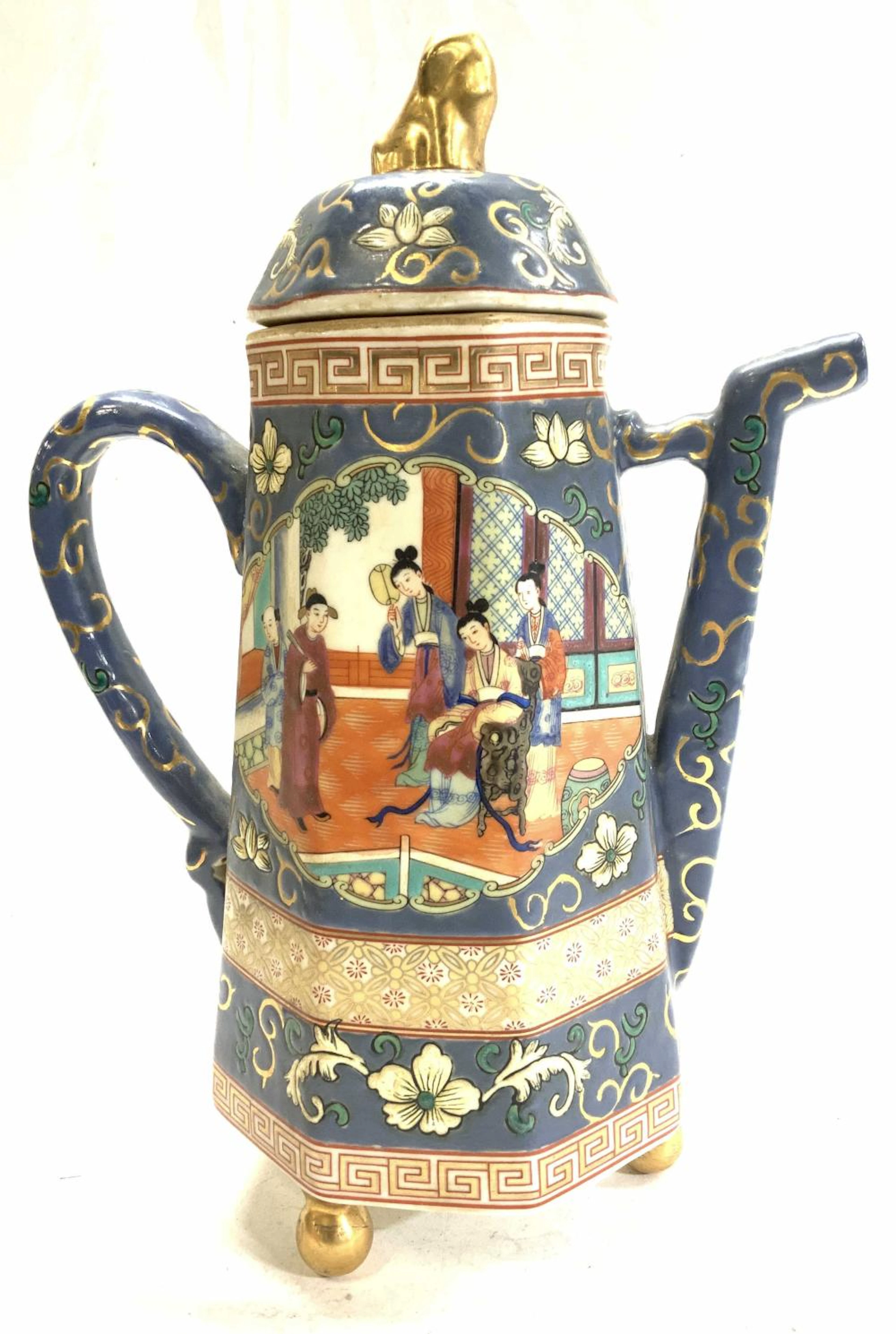 Asian Porcelain Footed Teapot w Lid, Signed
