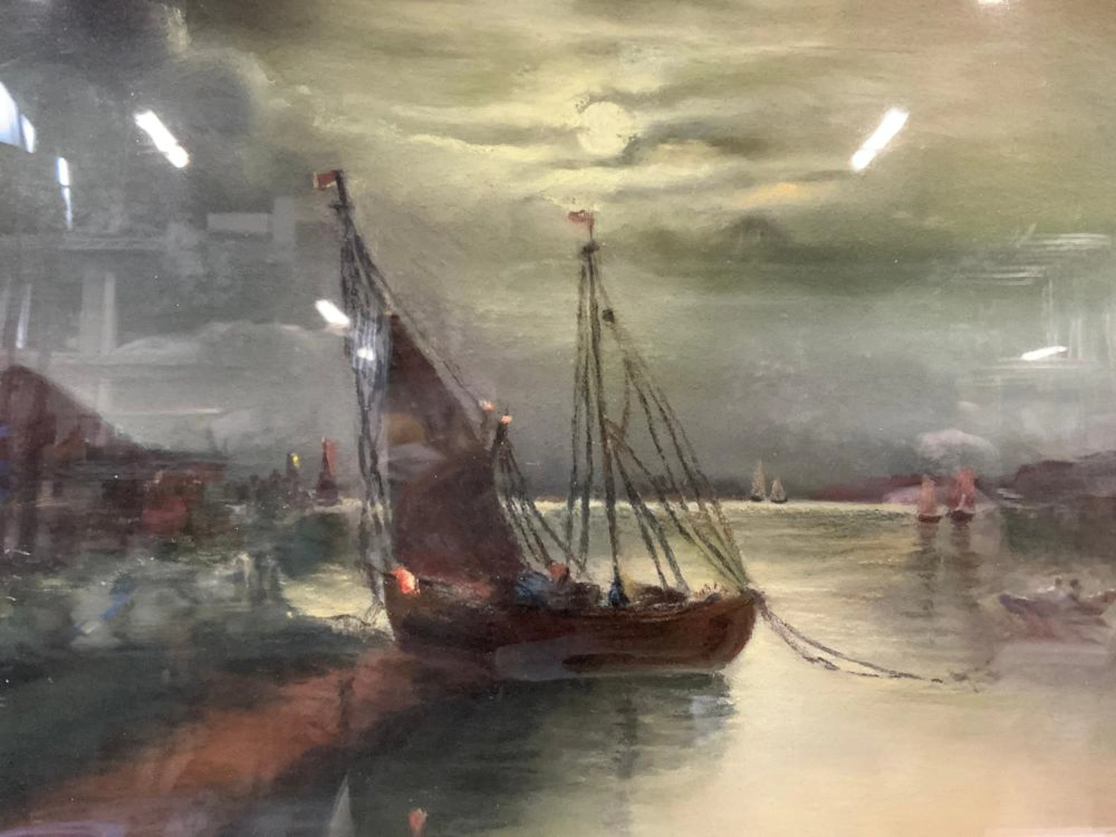Anchored Boat At Night Fall Pastel Art