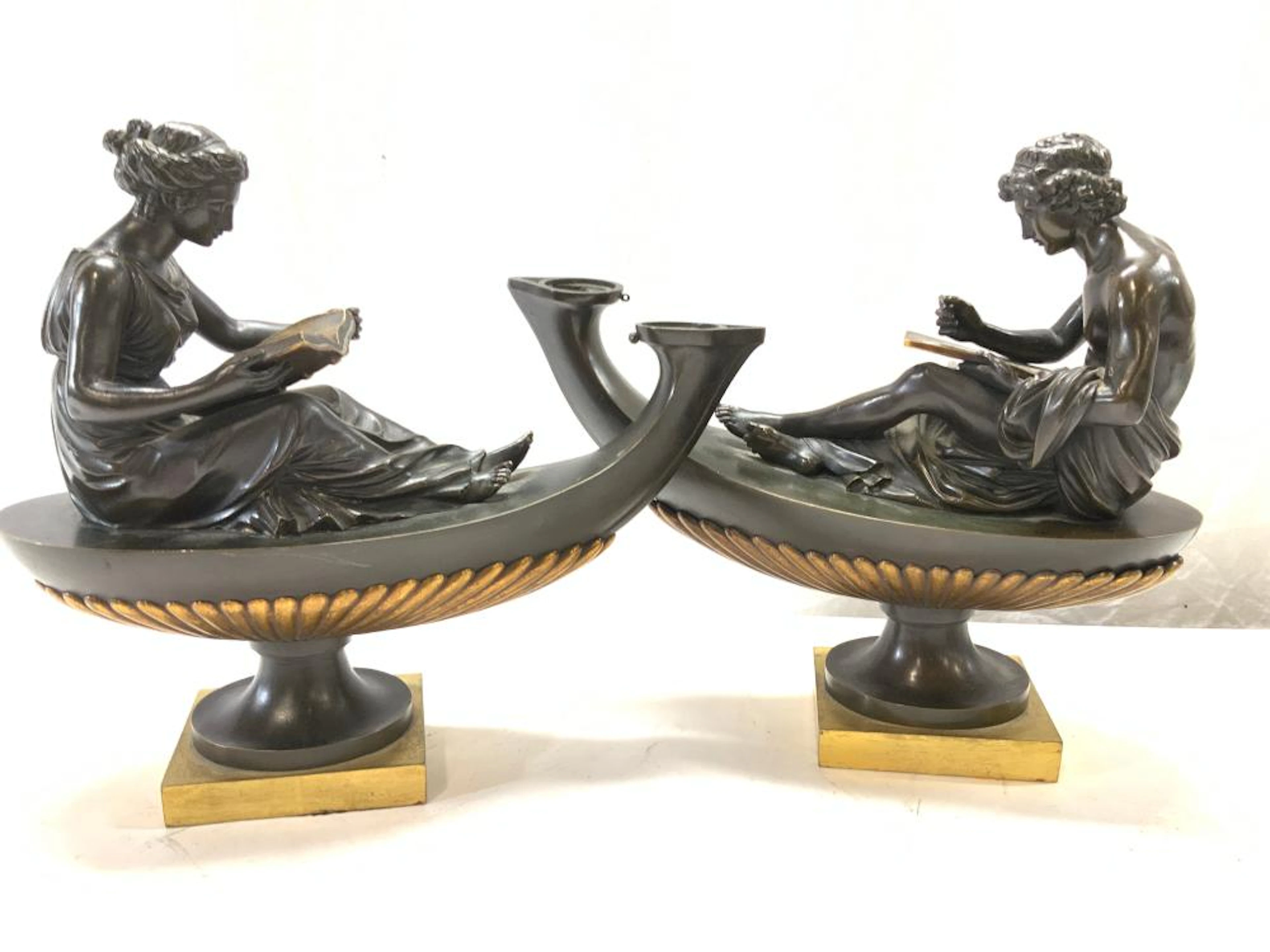 2 Antique French Louis XVI Empire Bronze Oil Lamps
