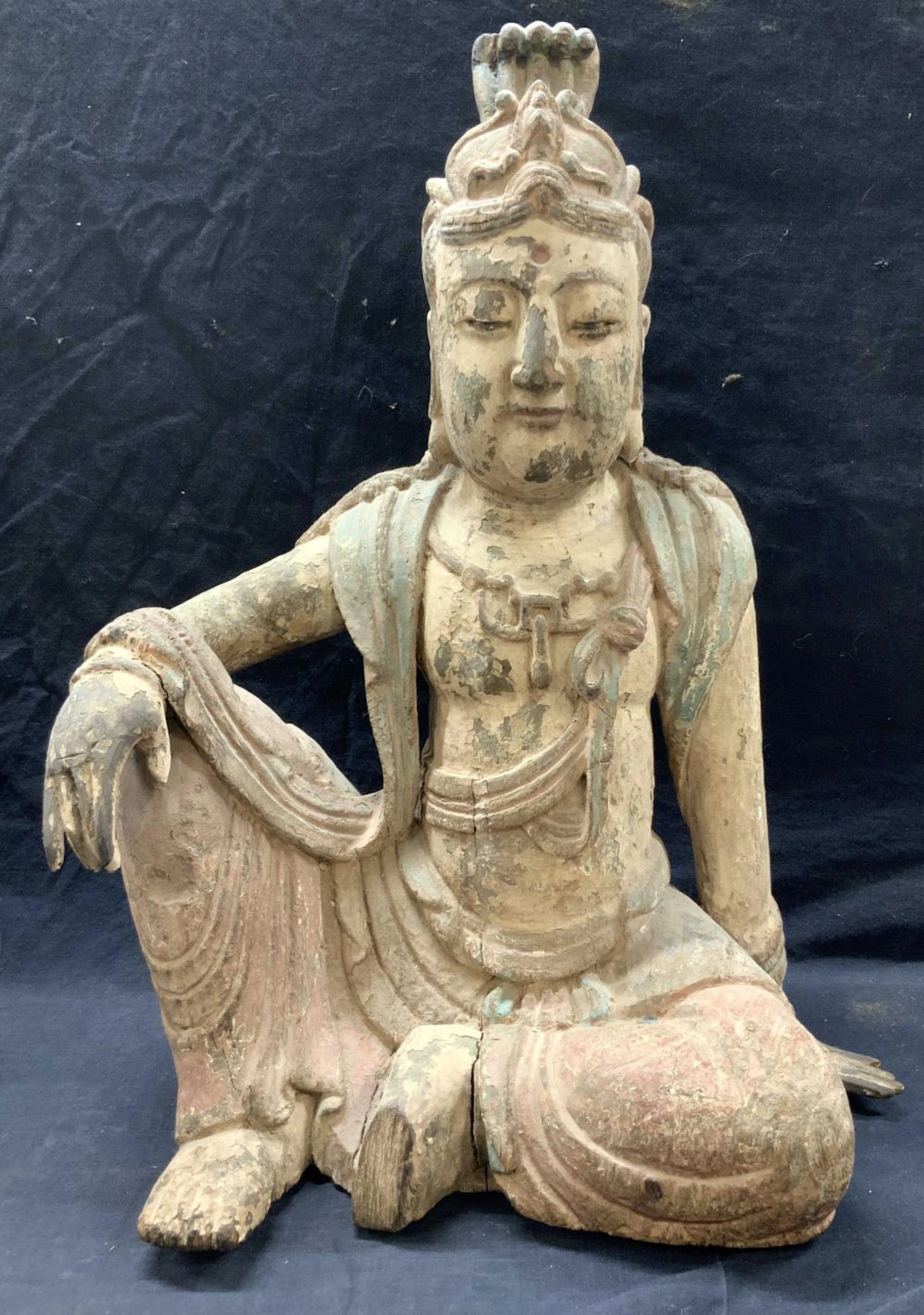Antique Carved Wooden Deity Guan Yin Sculpture 2ft