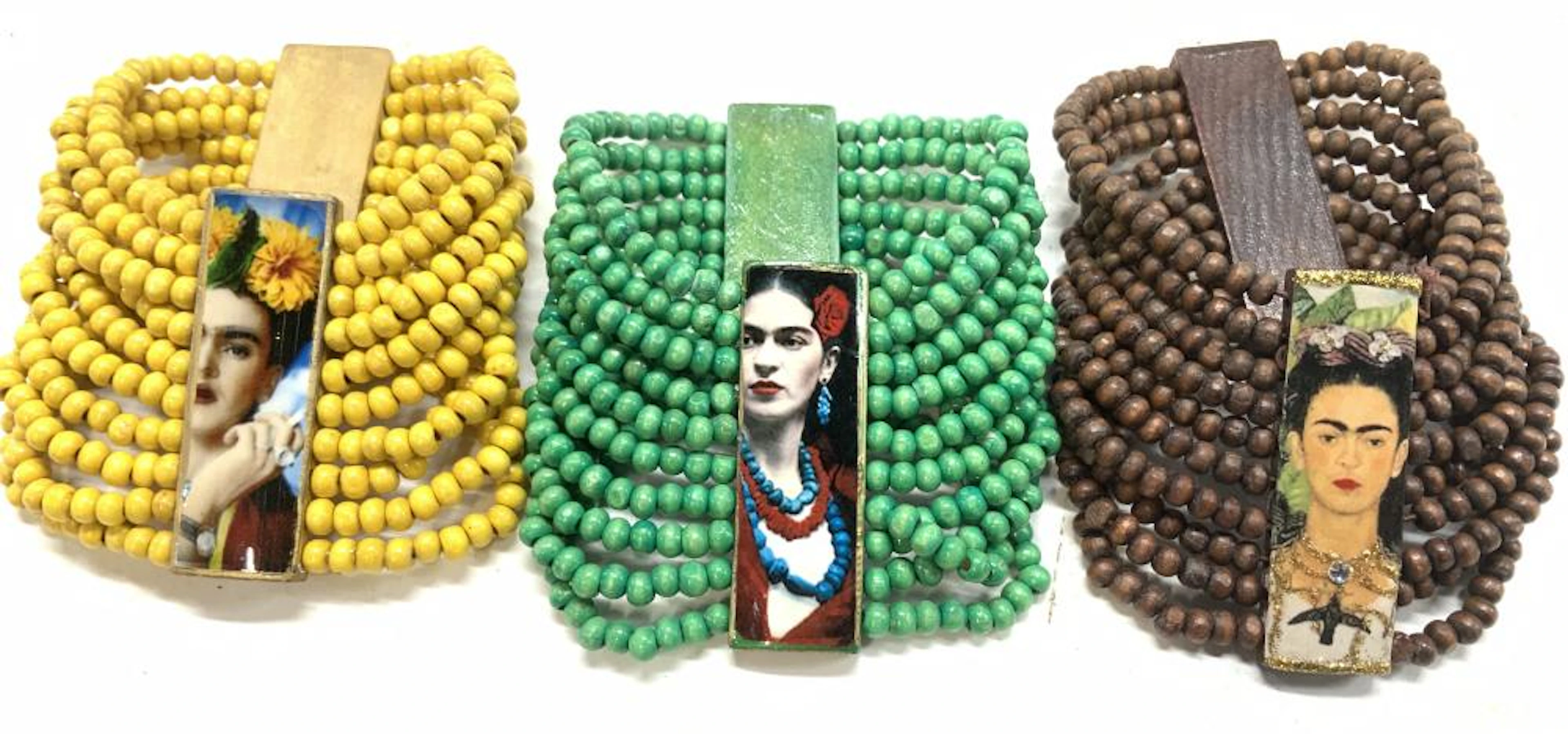 Set 3 Wood Bead Frida Kahlo Stretch Bracelets
