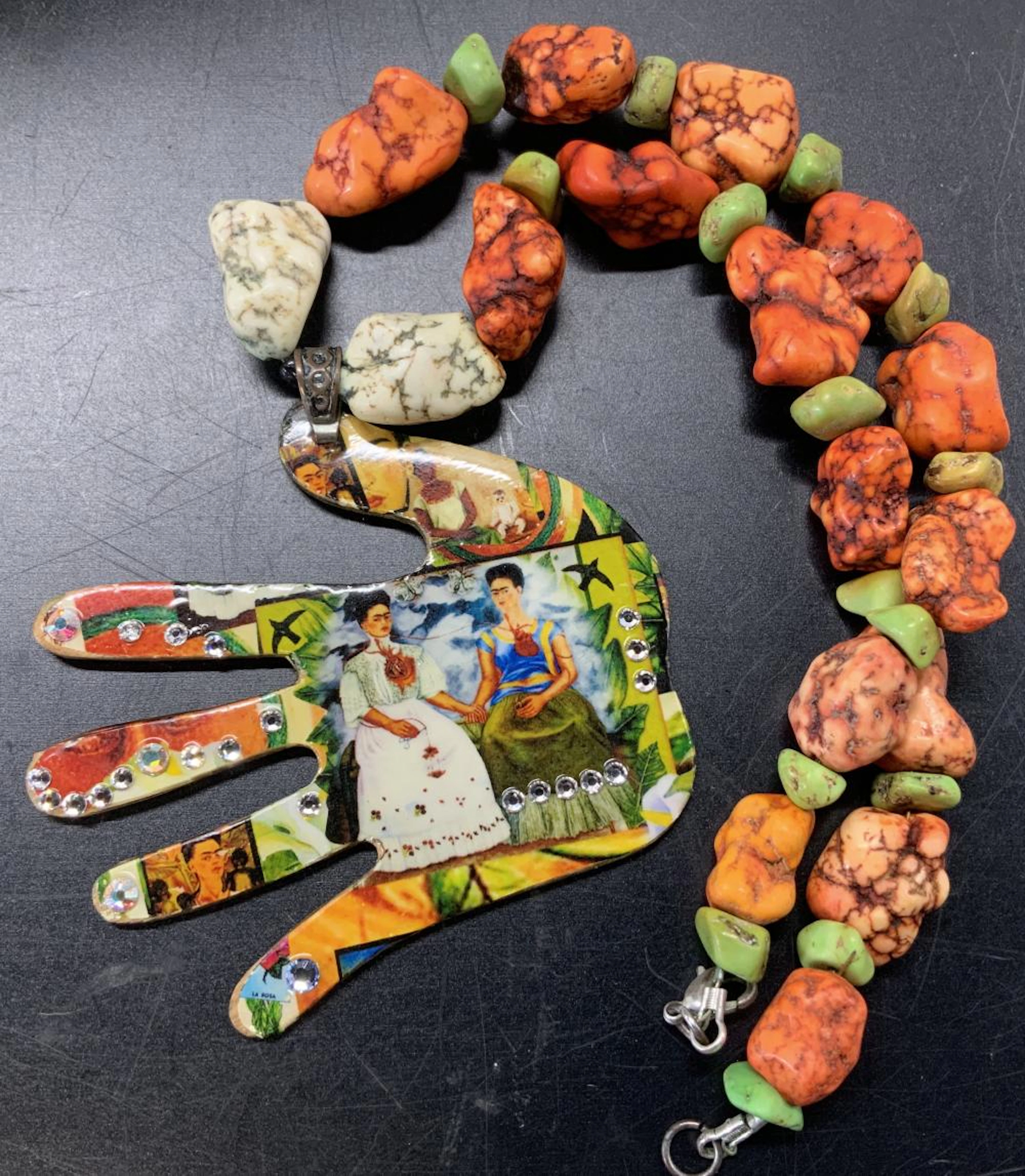 Hand Crafted Frida Kahlo Necklace w Stone Beads,