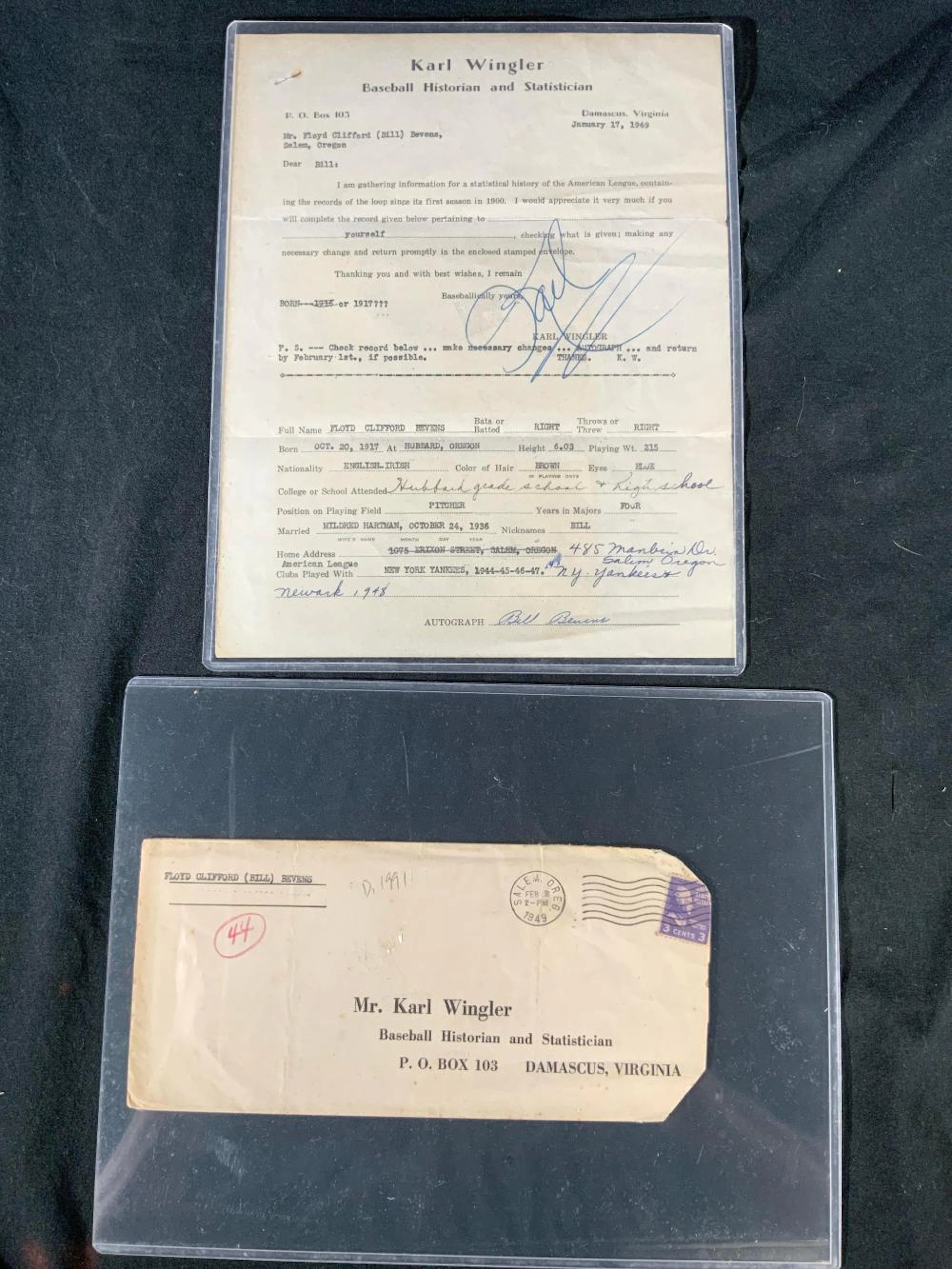 KARL WINGER Signed Historic Letter & Envelope 1949