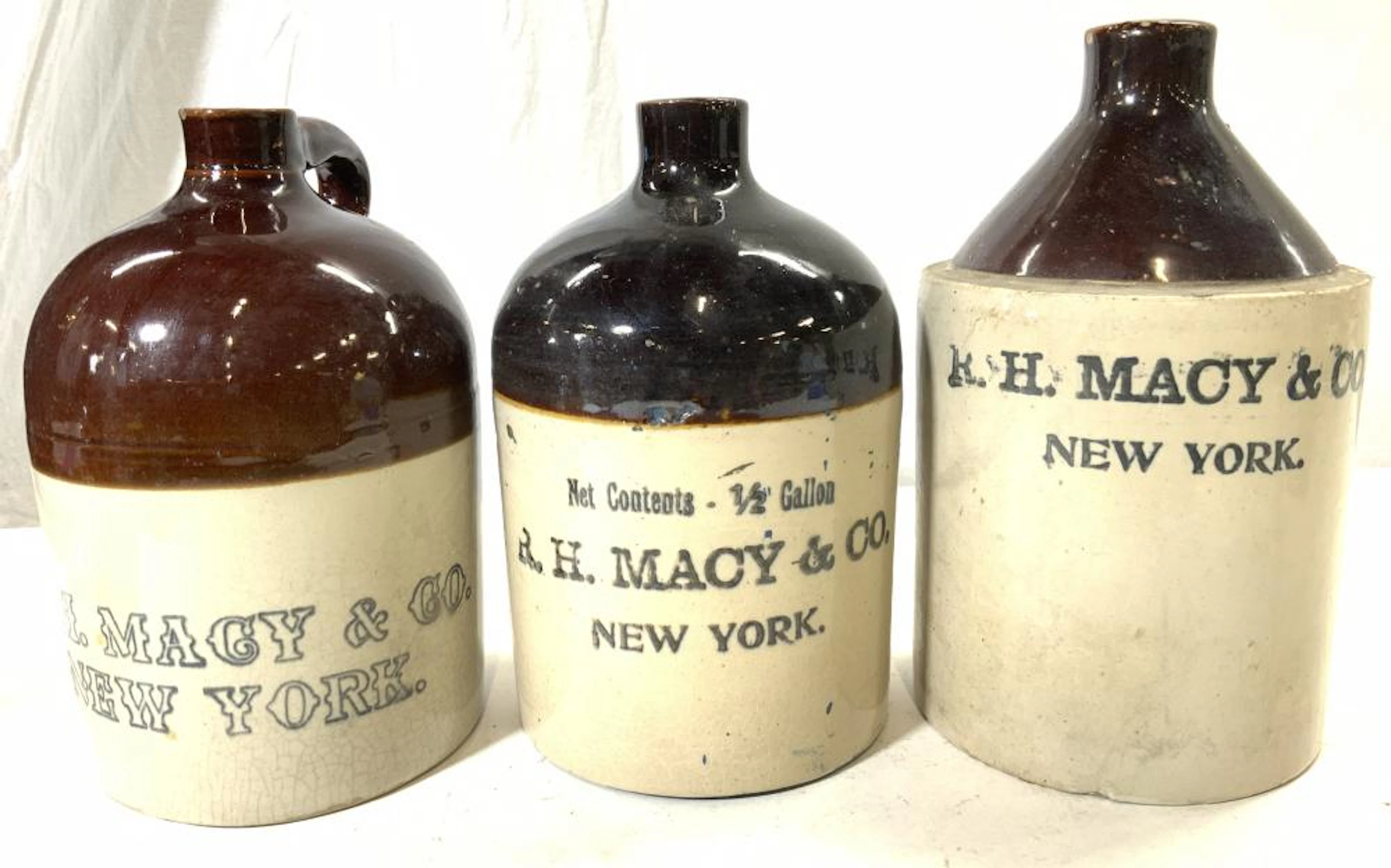 Lot 3 Antique RH MACY Stoneware Whiskey Jugs