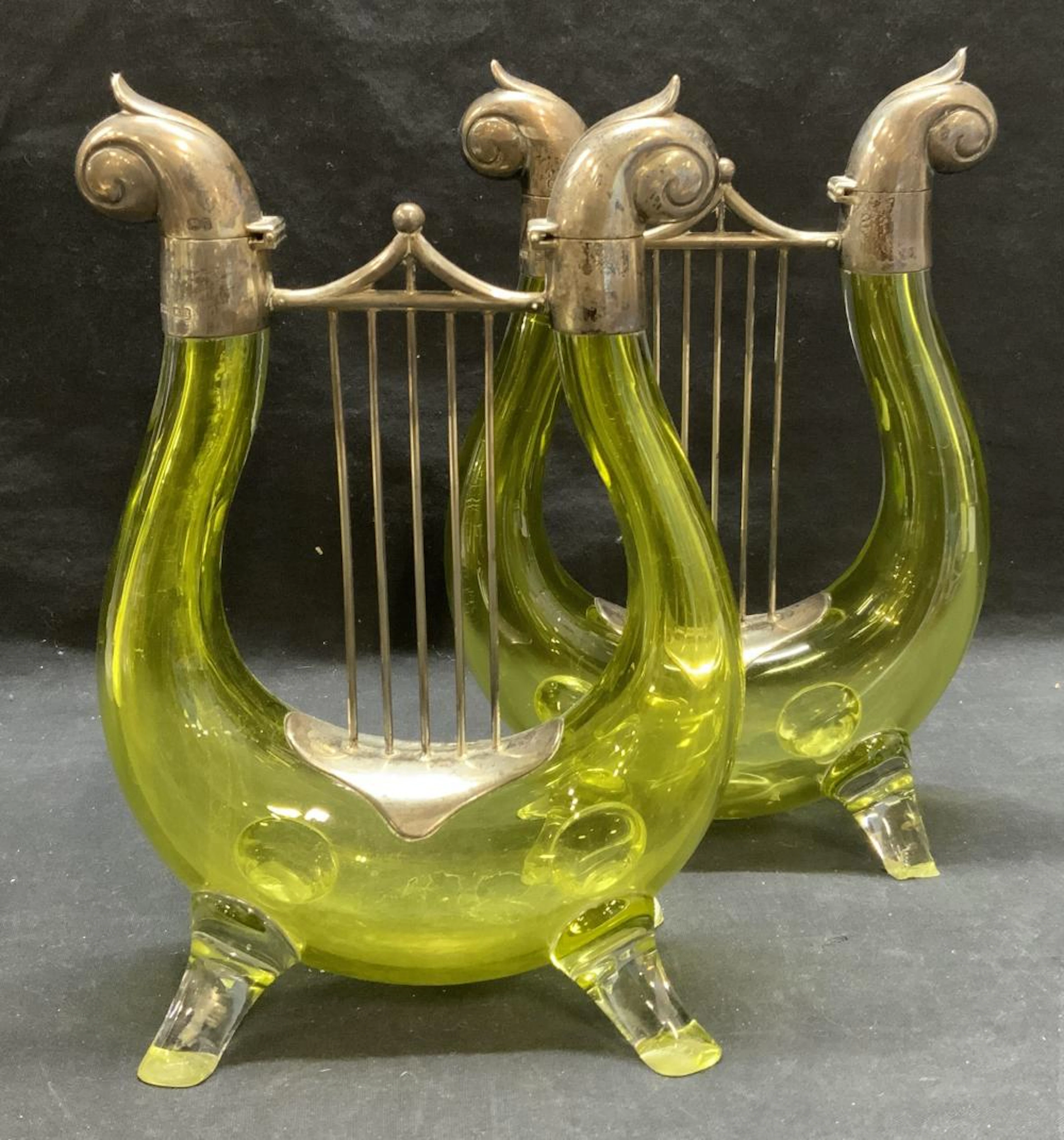 Pair Sterling Silver Uranium Glass Harp Decanters