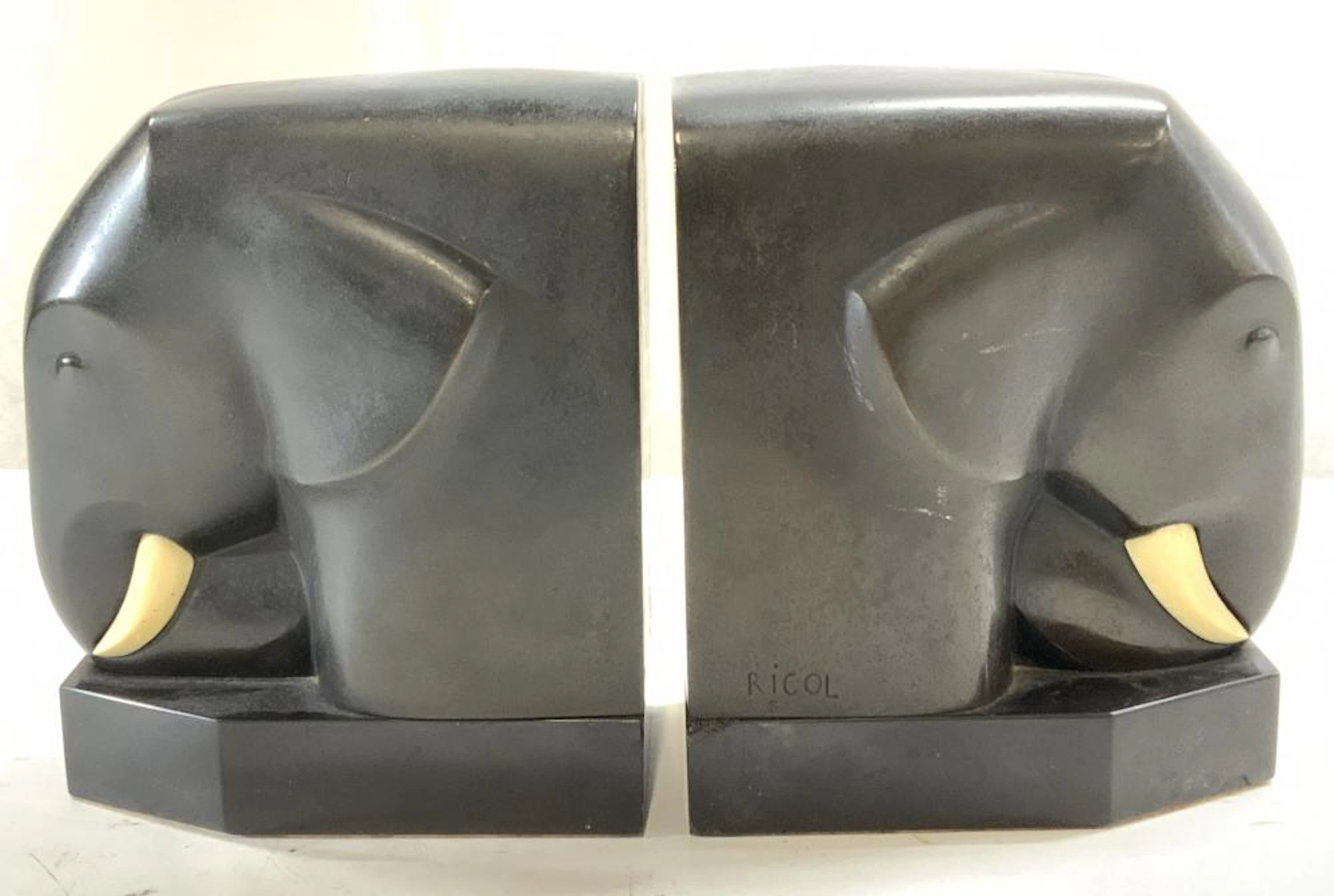 Ricol Art Deco Bronze & Bone Elephant Bookends