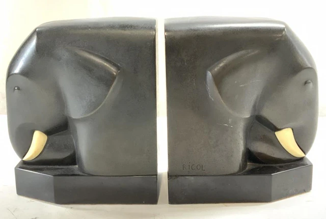 Ricol Art Deco Bronze & Bone Elephant Bookends