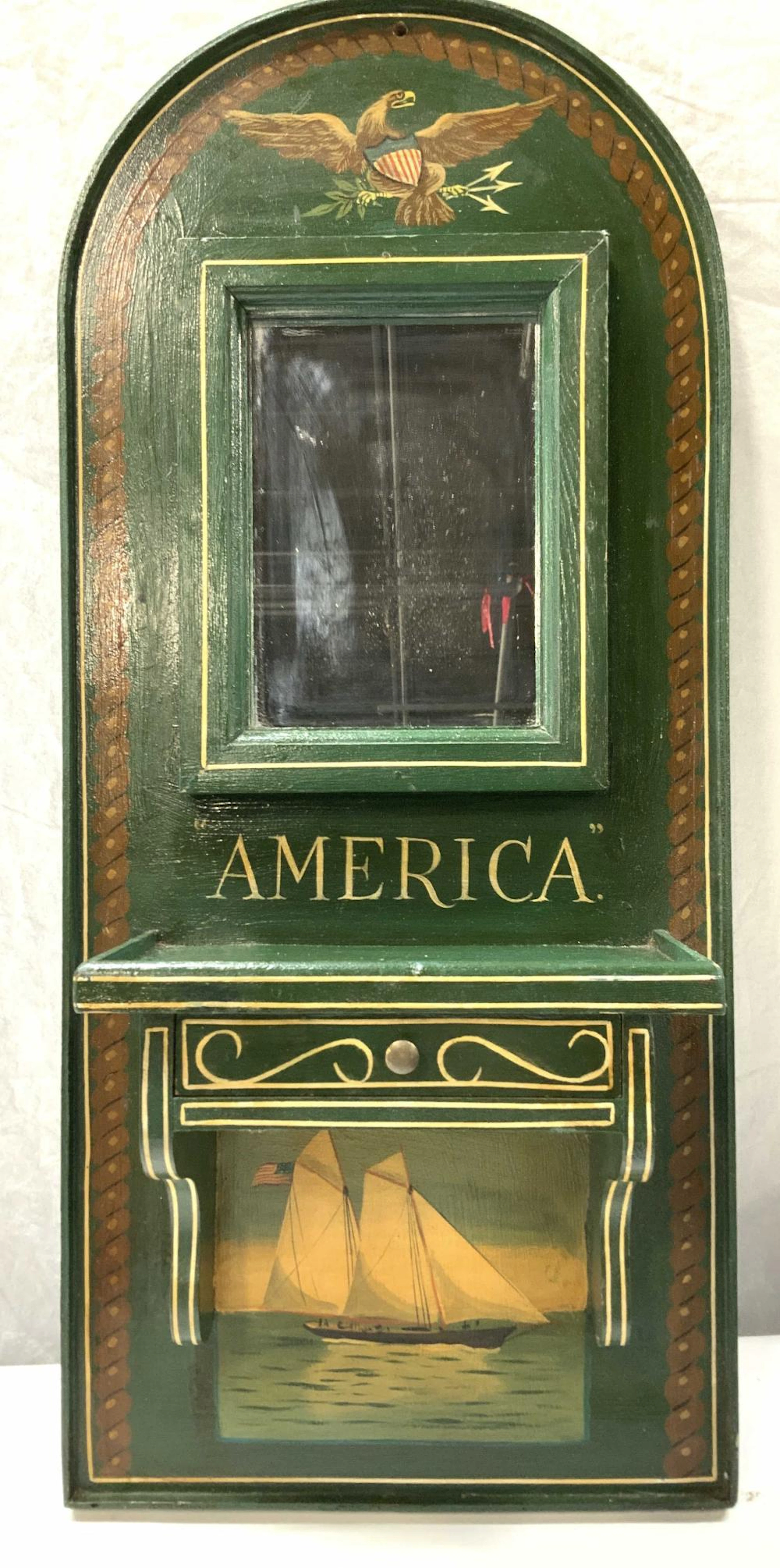 Hand Painted Wood Wall Mirror w Shelf + Drawer