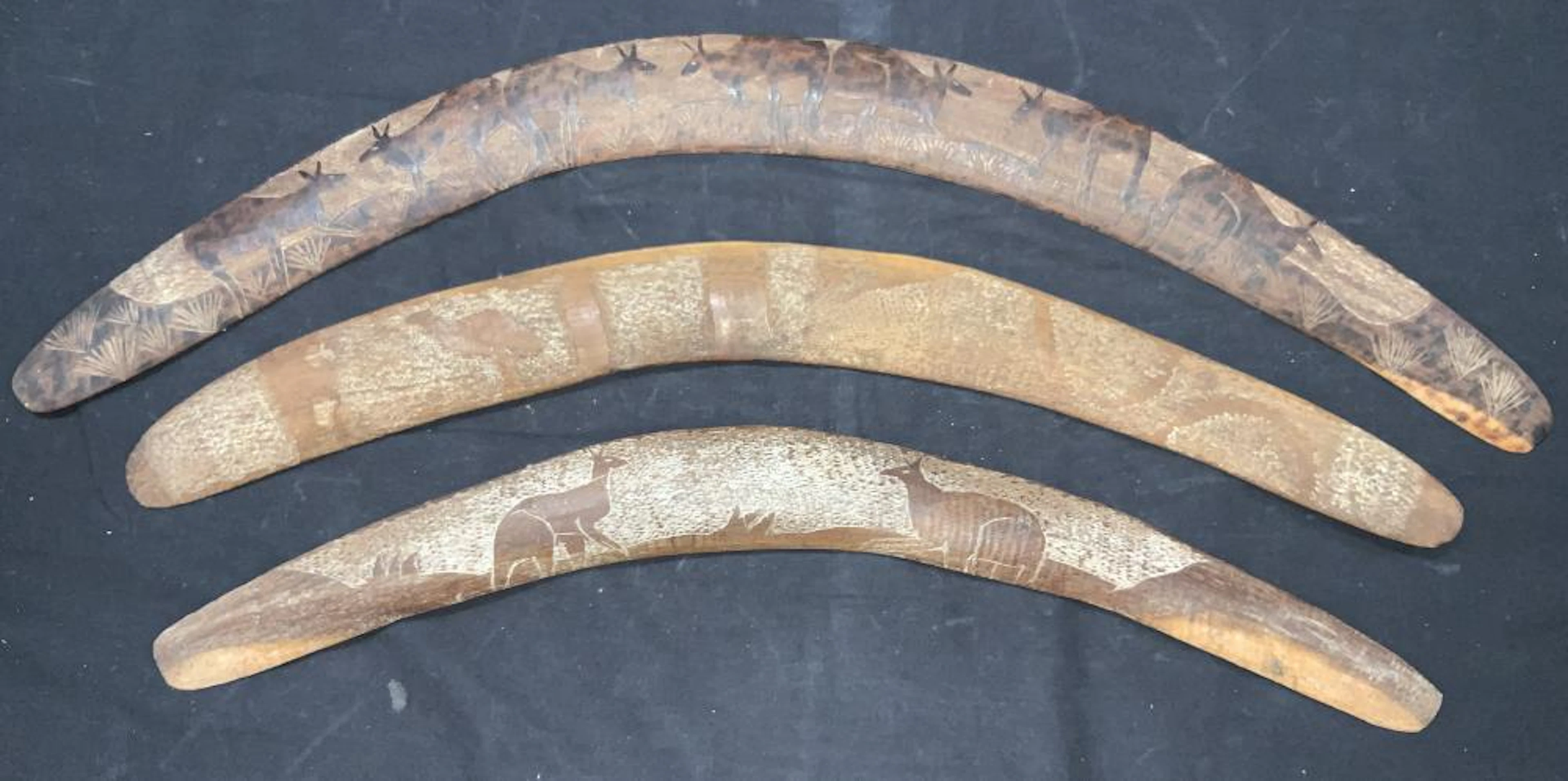 Three Hand Carved Aboriginal Tribal Boomerangs