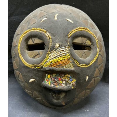 African Beaded Wood & Brass Tribal Mask