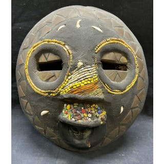 African Beaded Wood & Brass Tribal Mask