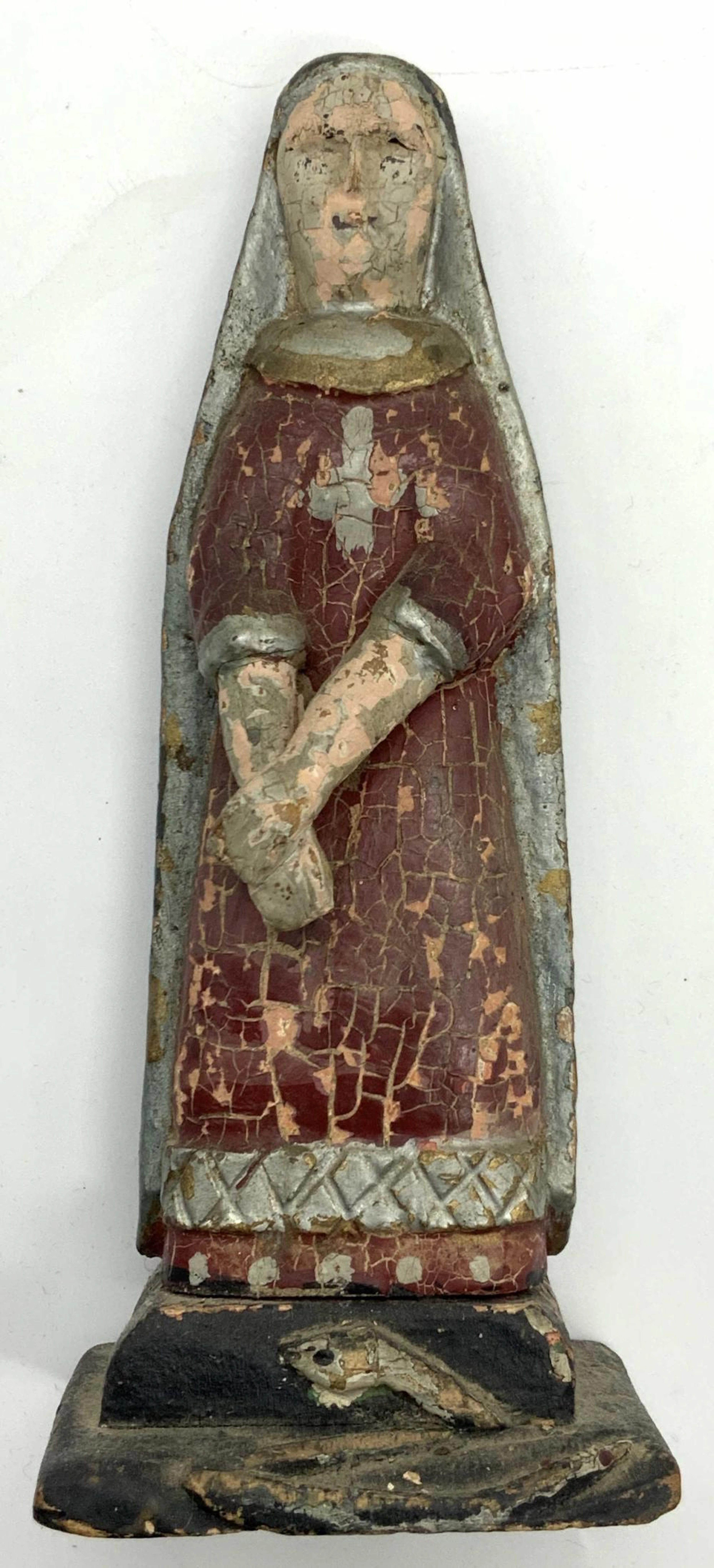Antique Painted Wooden Virgin Mary Figure