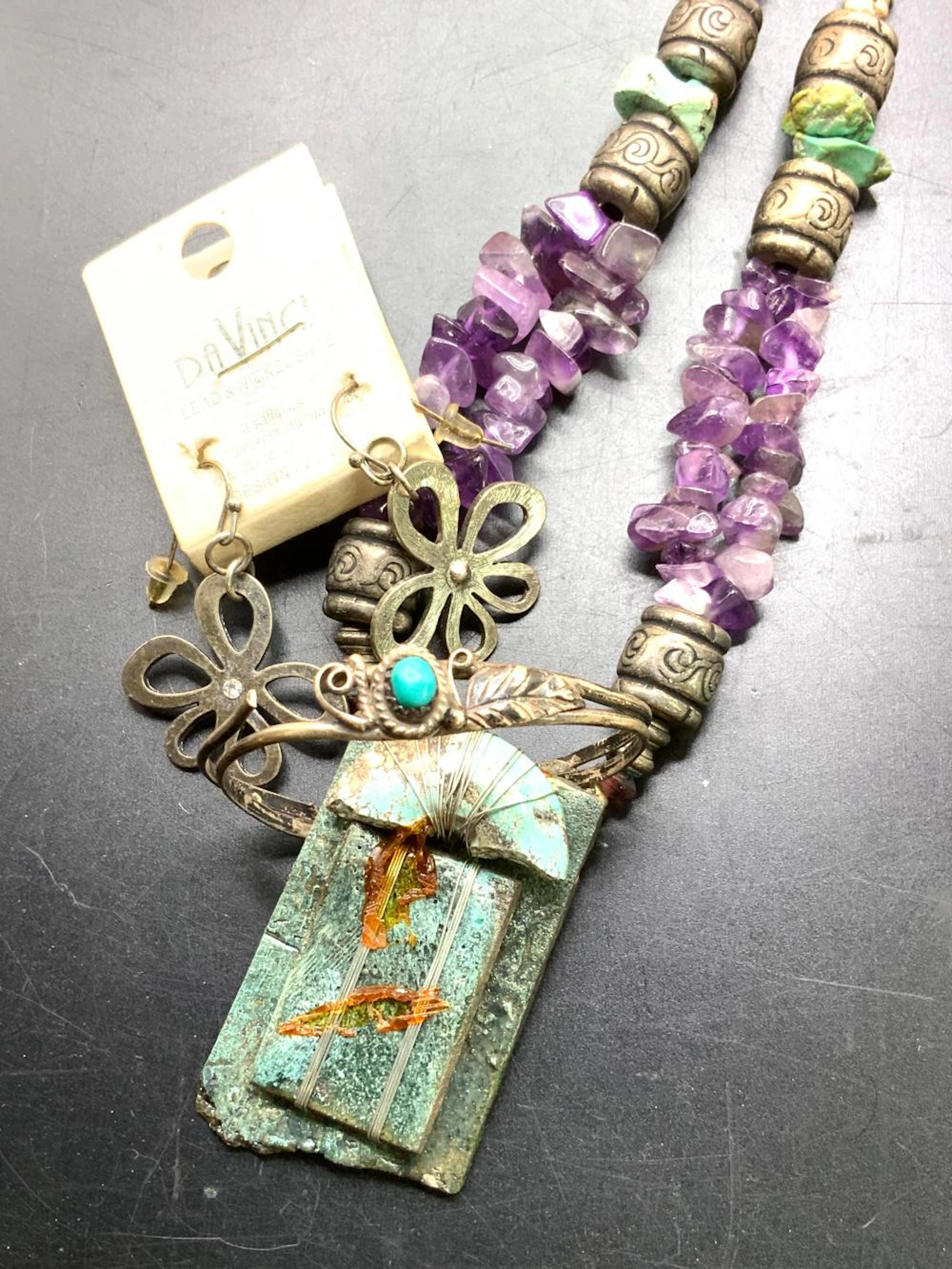 Tibetan Necklace, Sterling Bracelet, Earrings 3pcs