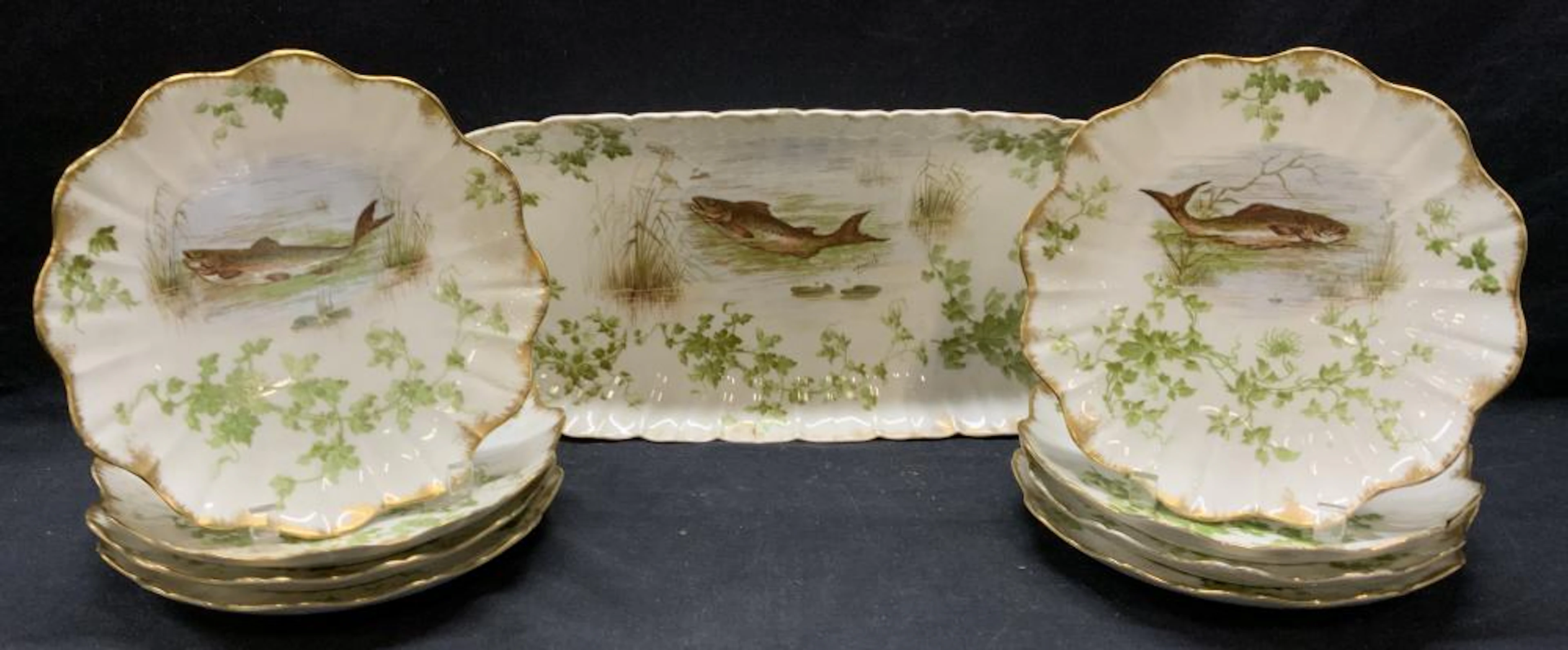 Antique R Delinieres Limoges Fish Plate Set 9