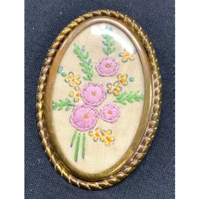 Vintage Brass & Embroidery Brooch