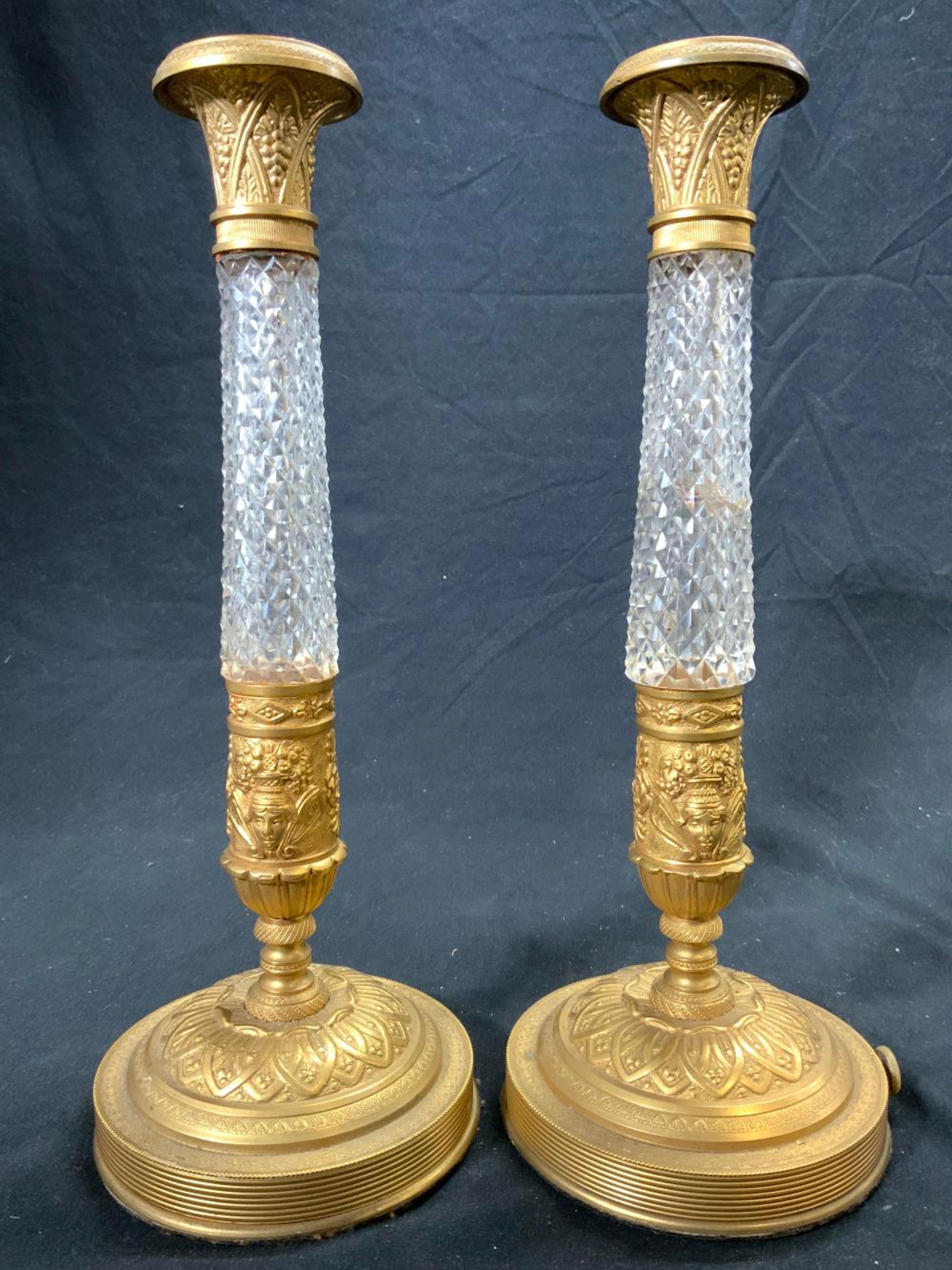 Antq Pr Dore Bronze & Crystal French Candlesticks