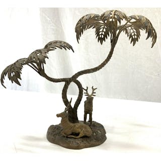 Antique Gilt Bronze Stag & Palm Tree Sculpture