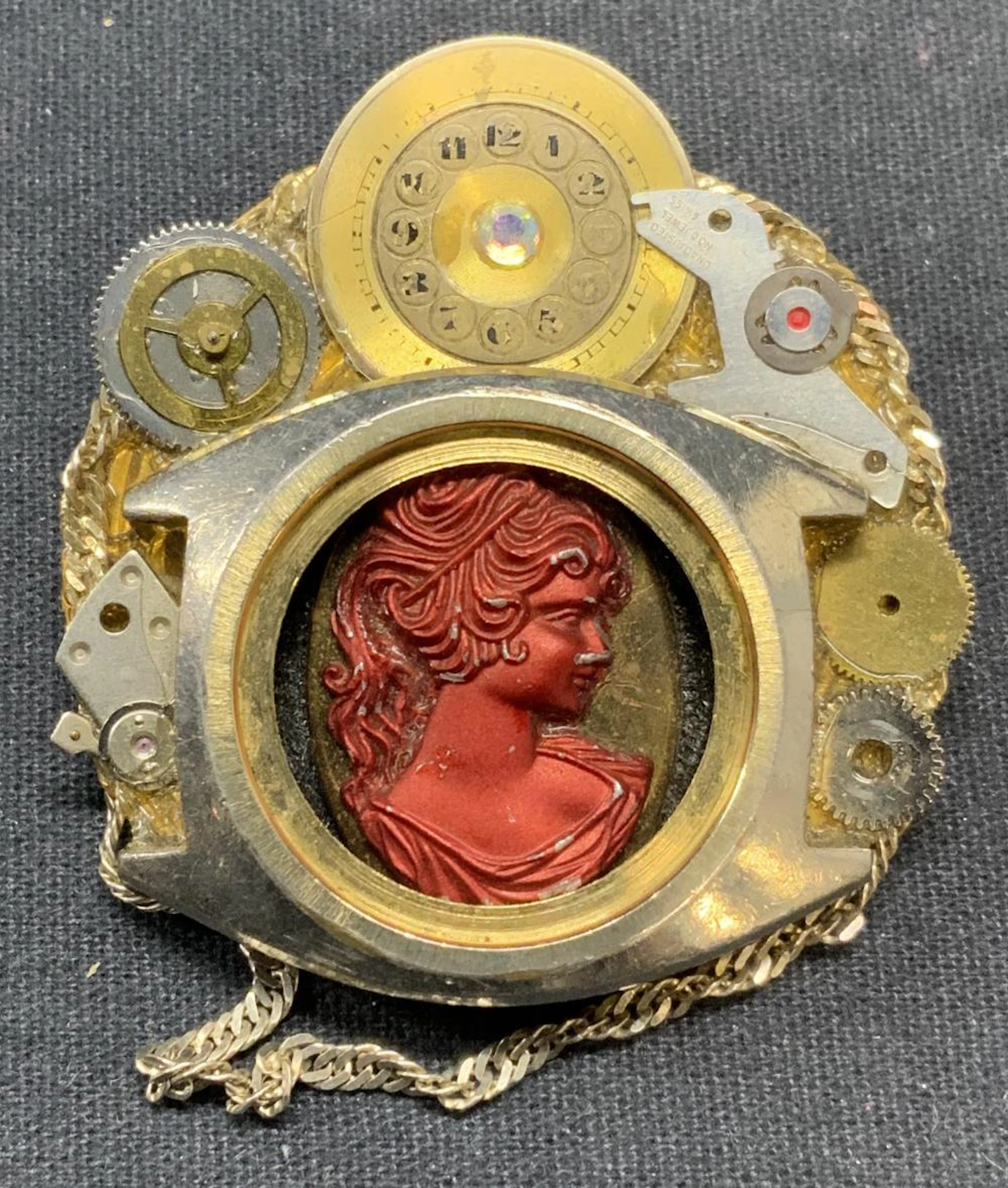 Vintage Gold Tone Cameo Watch Brooch
