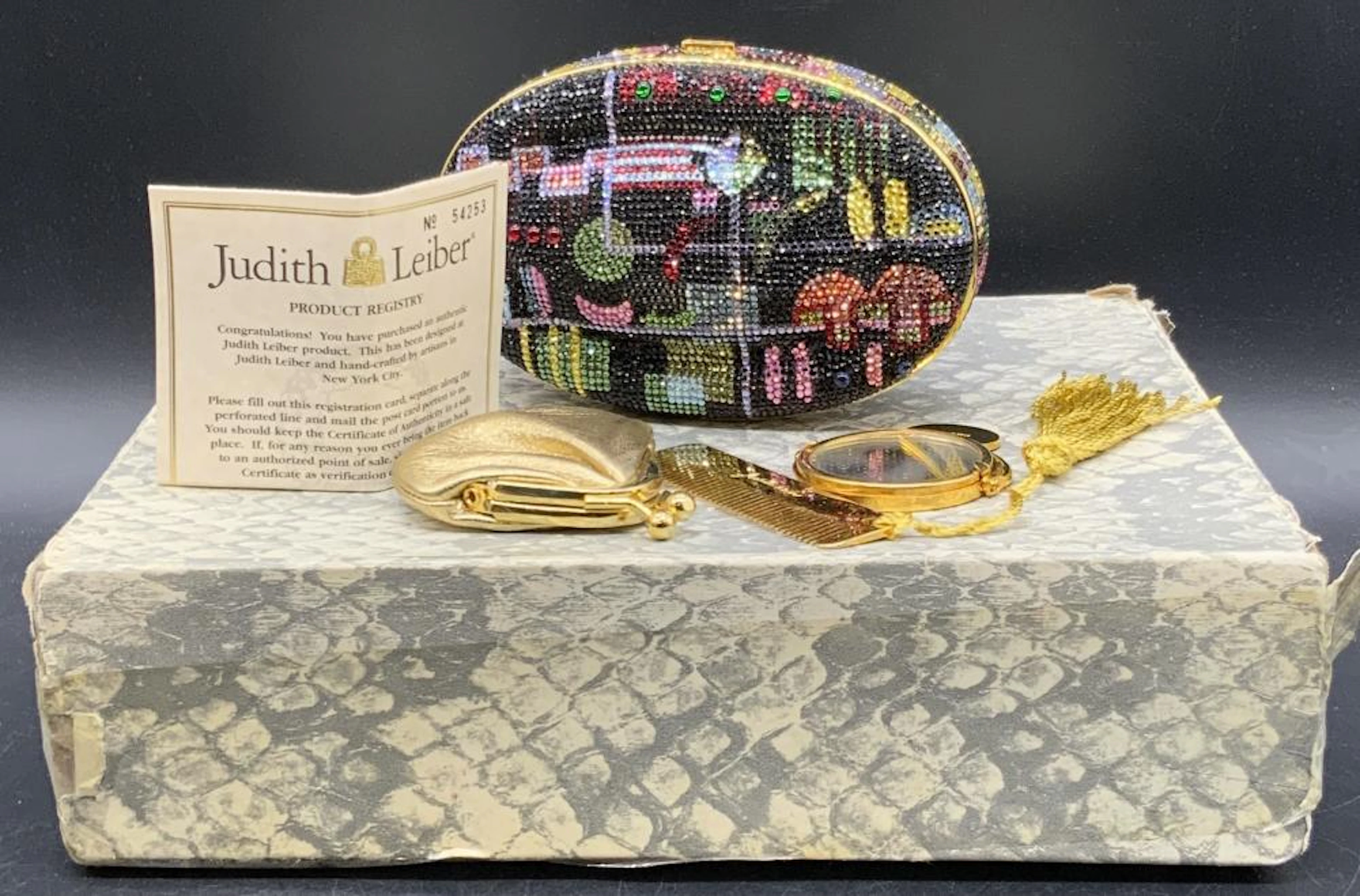 JUDITH LEIBER Multicolor Crystal Minaudiere W/ Box