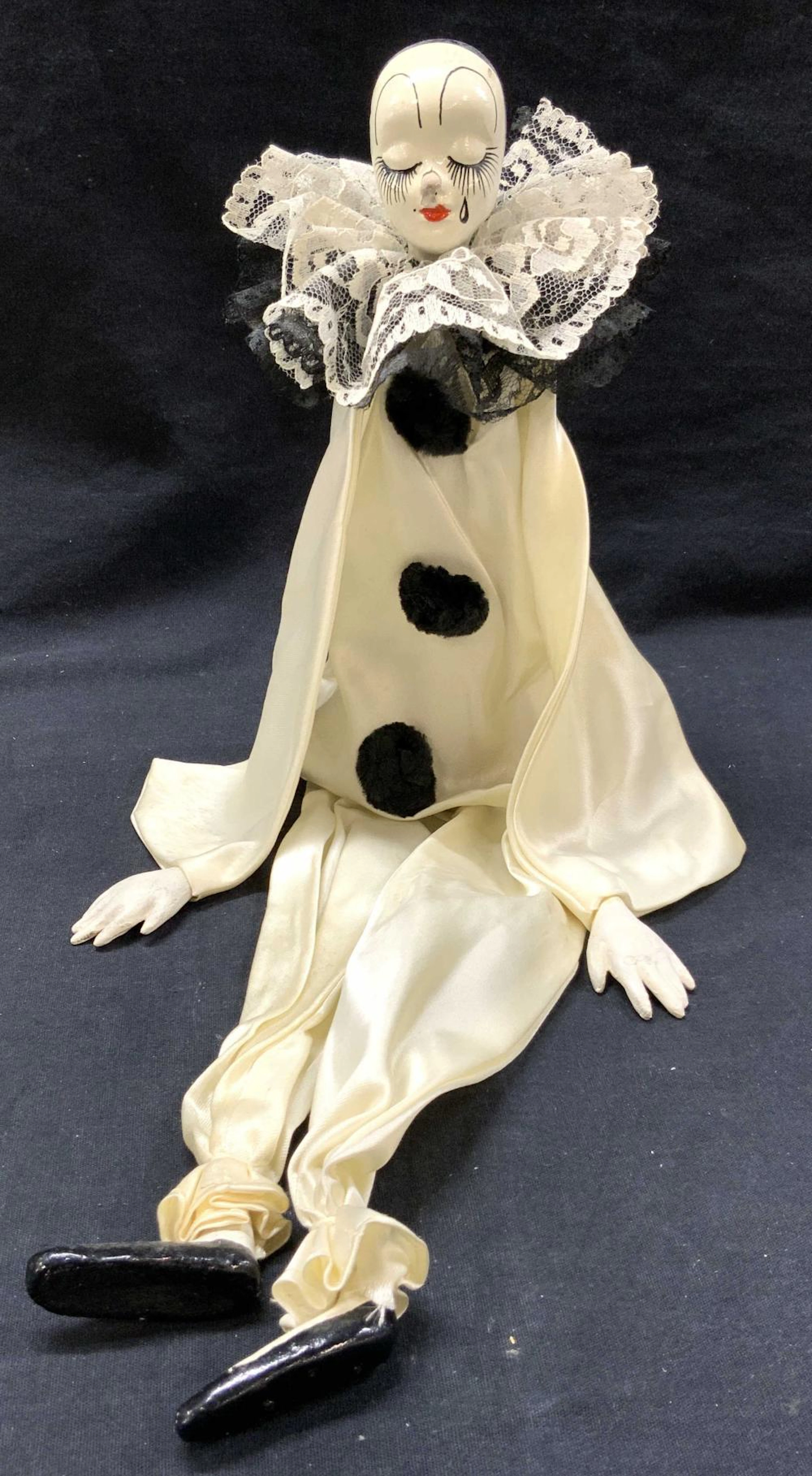 Art Deco Pierrot Clown Sitting Ceramic Doll