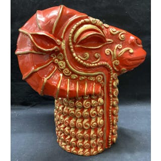 XL Gilt Red Ceramic Ram Head Sculpture