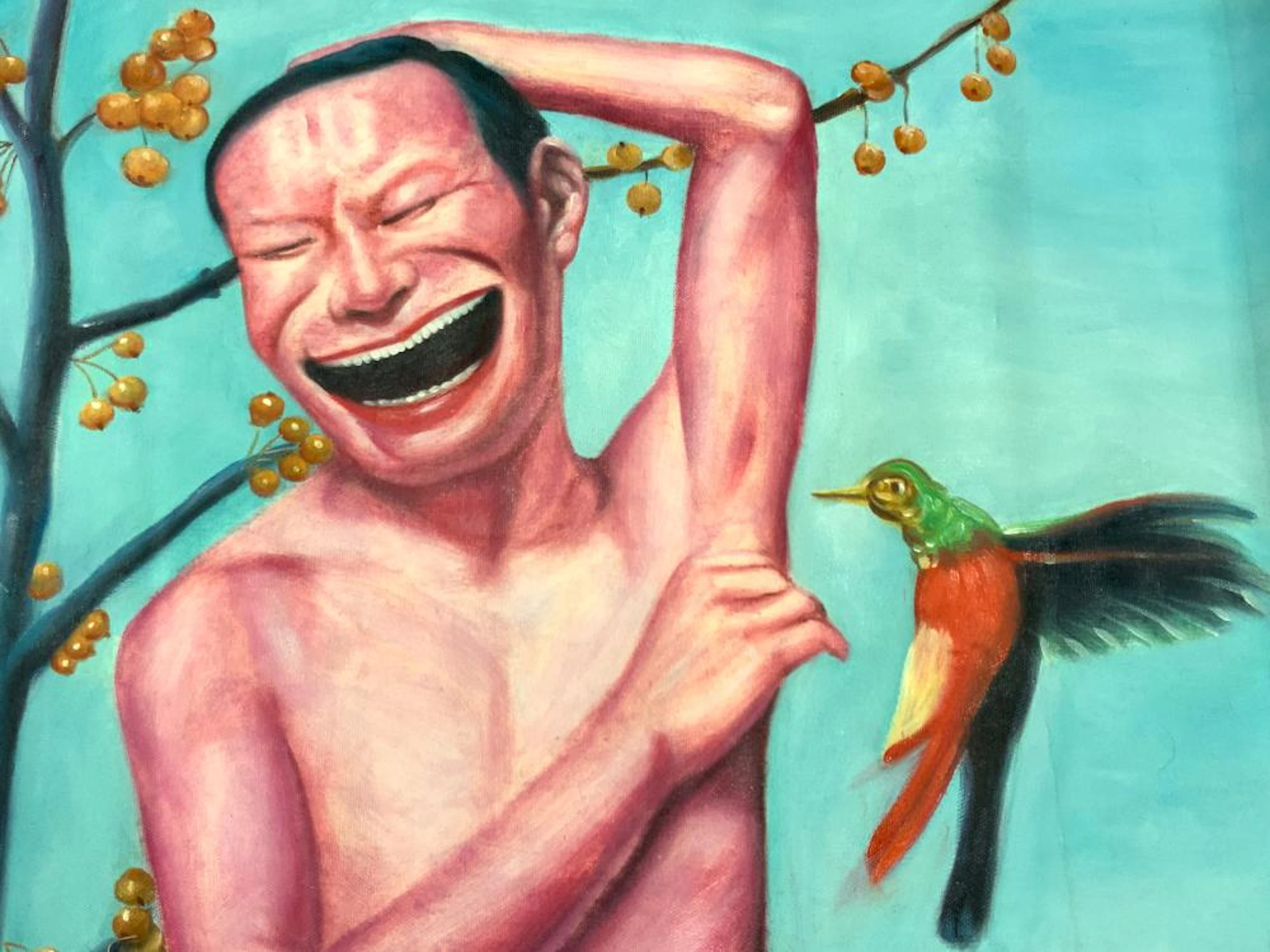 ATTR YUE MINJUN Smiling Man W Bird Oil Painting