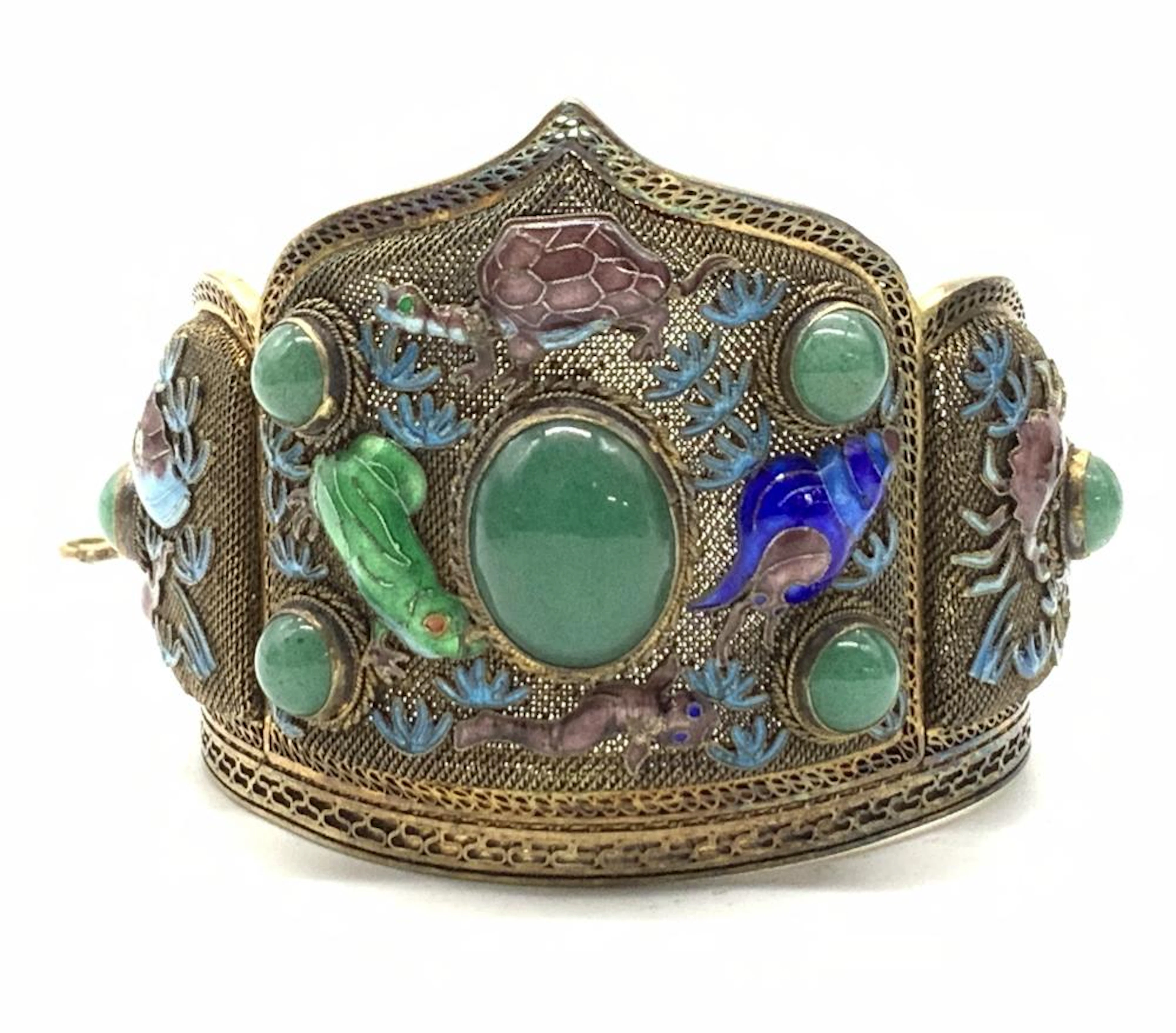 Sterling Silver Jade & Enamel Asian Cuff Bracelet