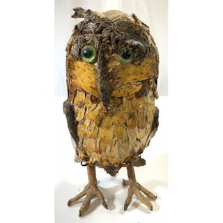Signed Vintage Wood Asselmblage Art Owl Figure
