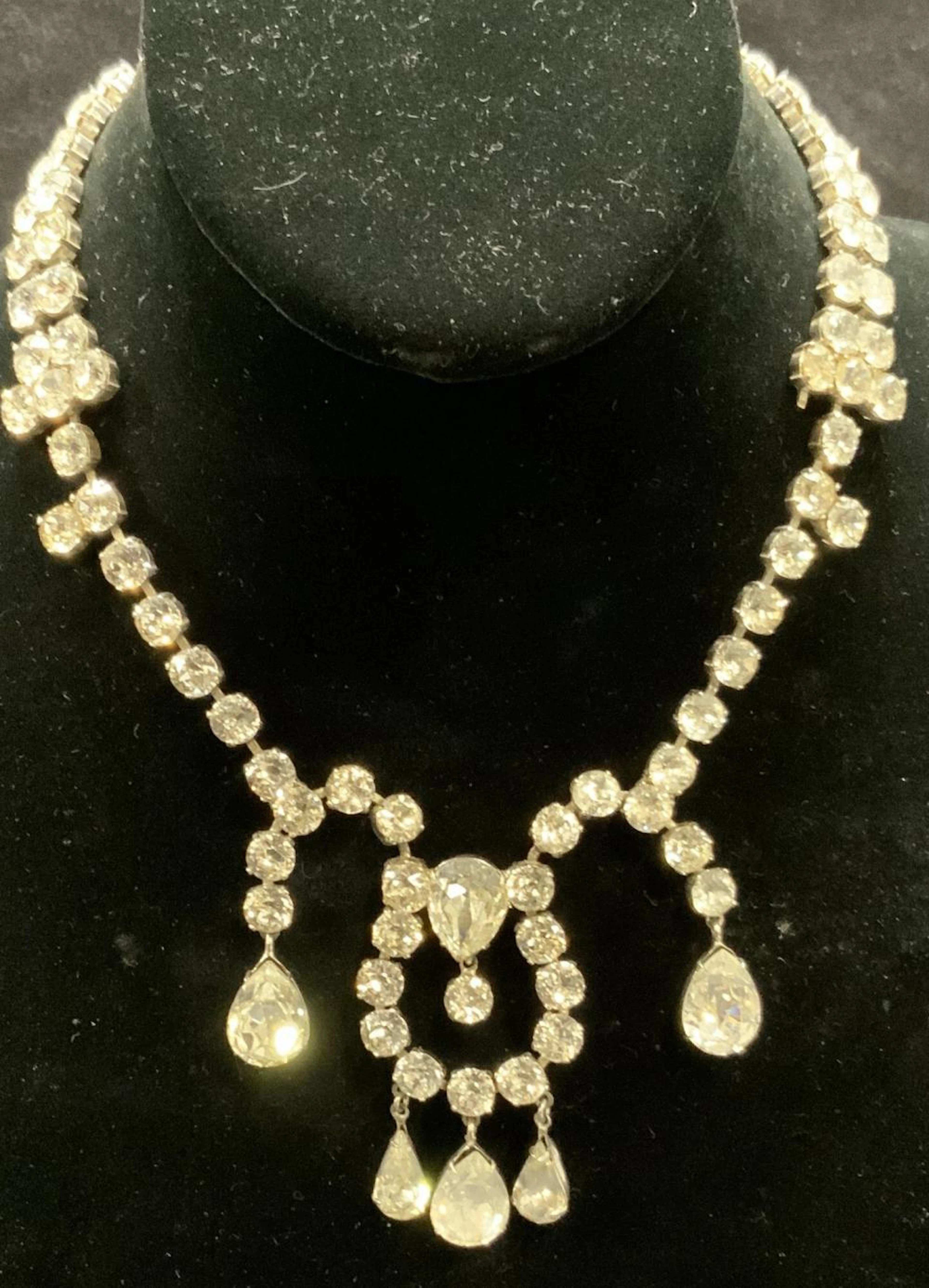 SCHIAPARELLI Silver Tone Crystal Pendant Necklace