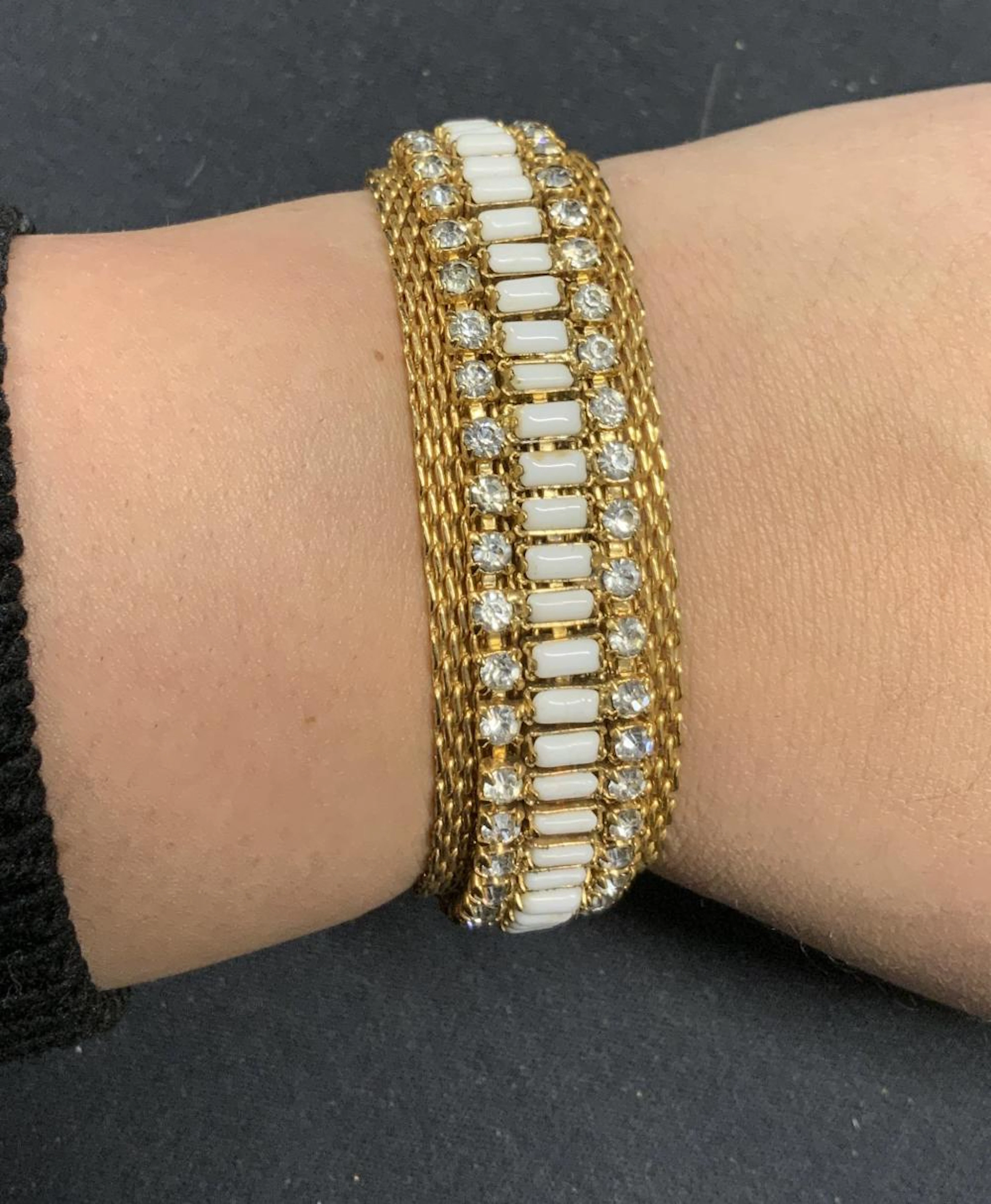 HATTIE CARNEGIE Gold Tn Mesh Crystal Bracelet