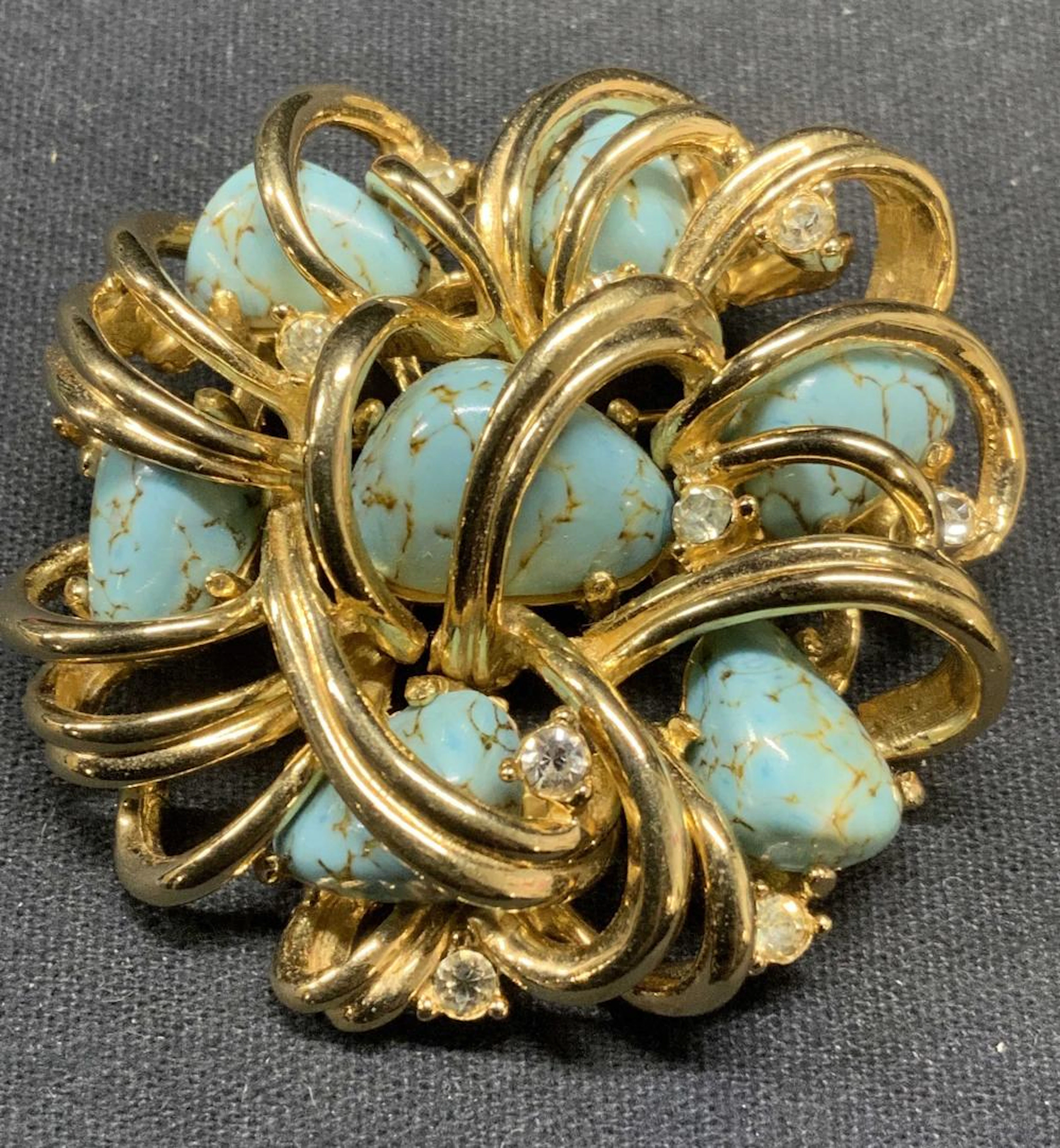 BOUCHER Gold Tn Turquoise Cabochon Brooch