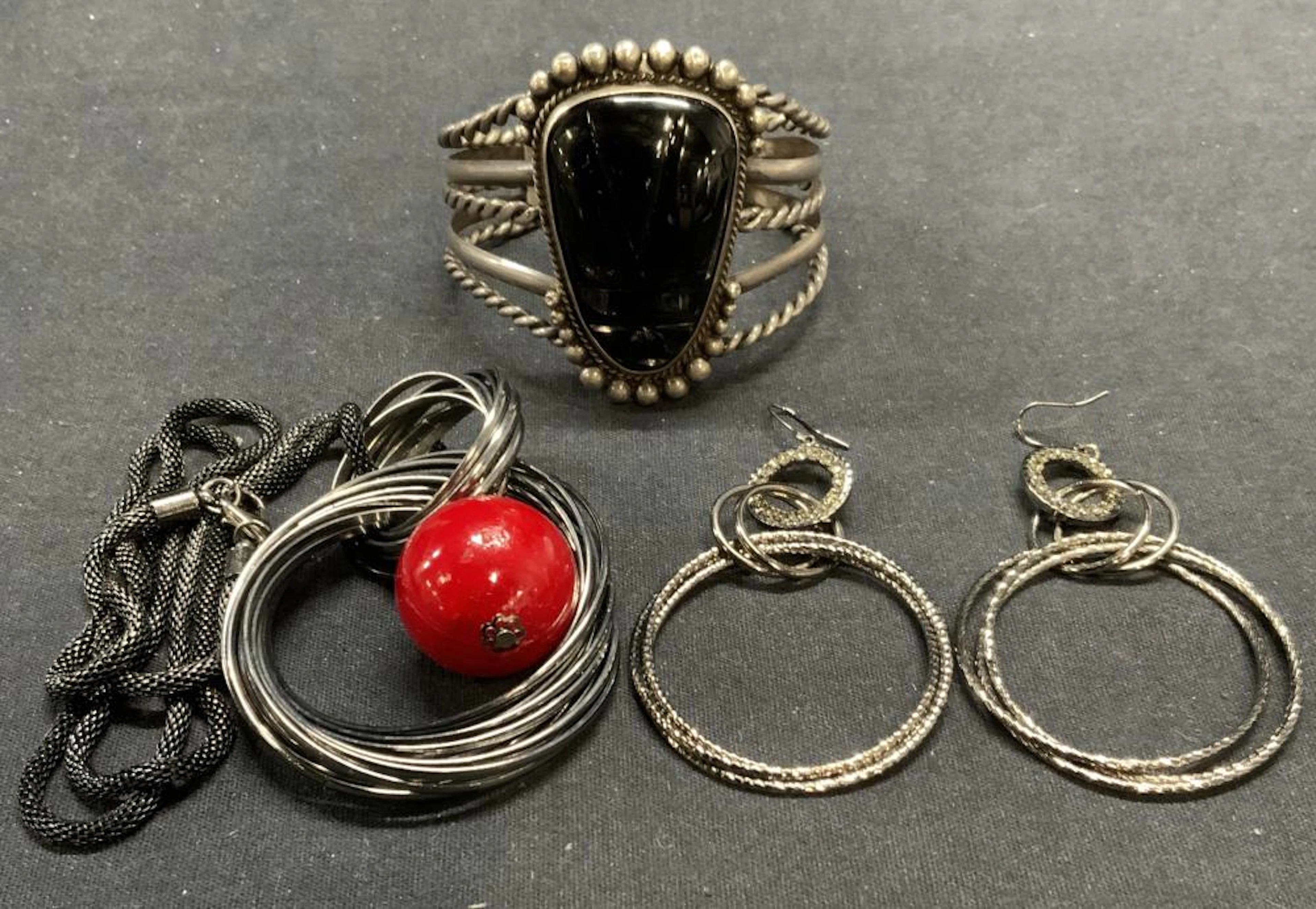 3 Sterling Silver Carved Stone Cuff Bracelet, More