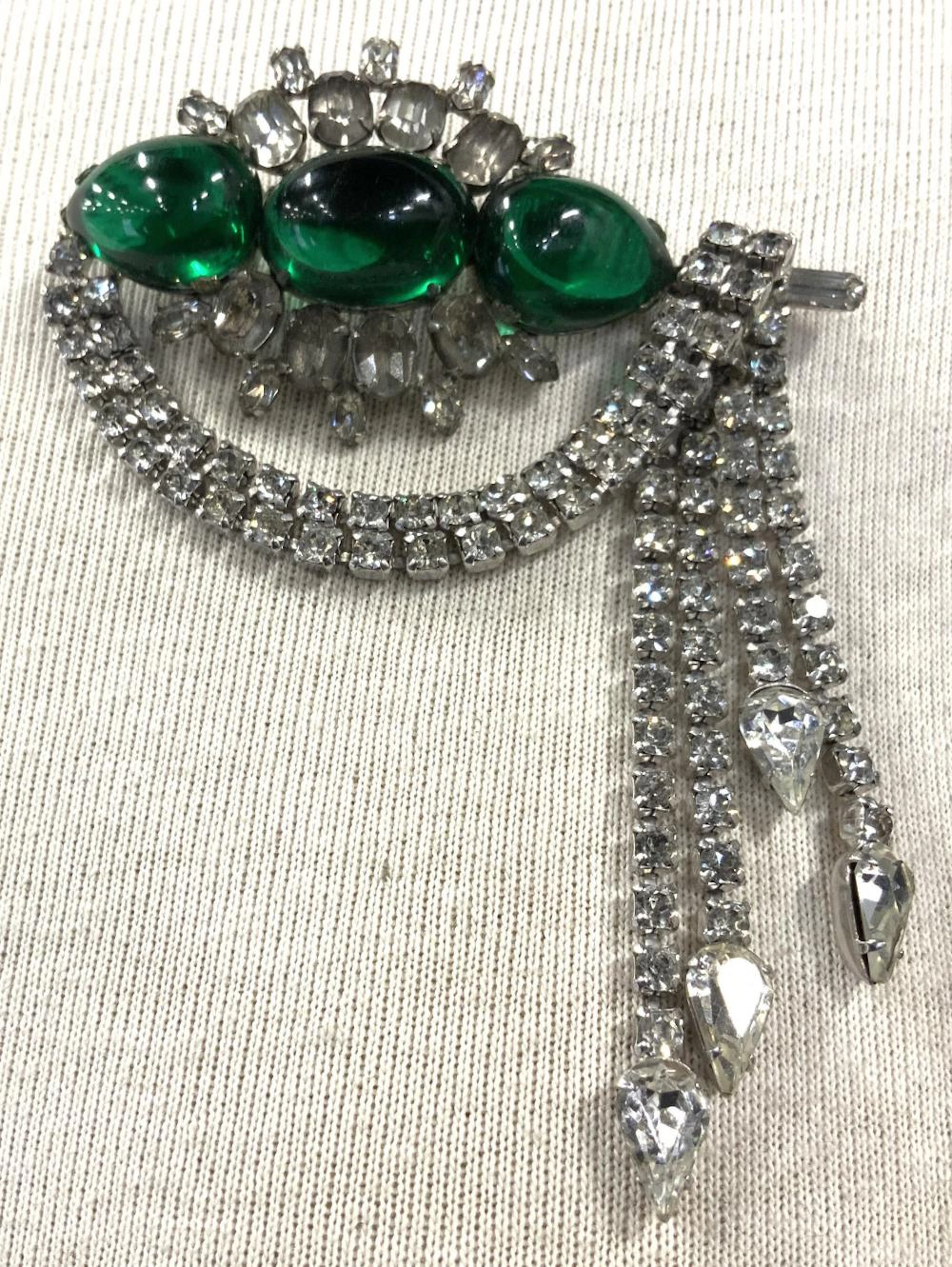 Hattie Carnegie Sgn Green Glass/Rhinestone Brooch