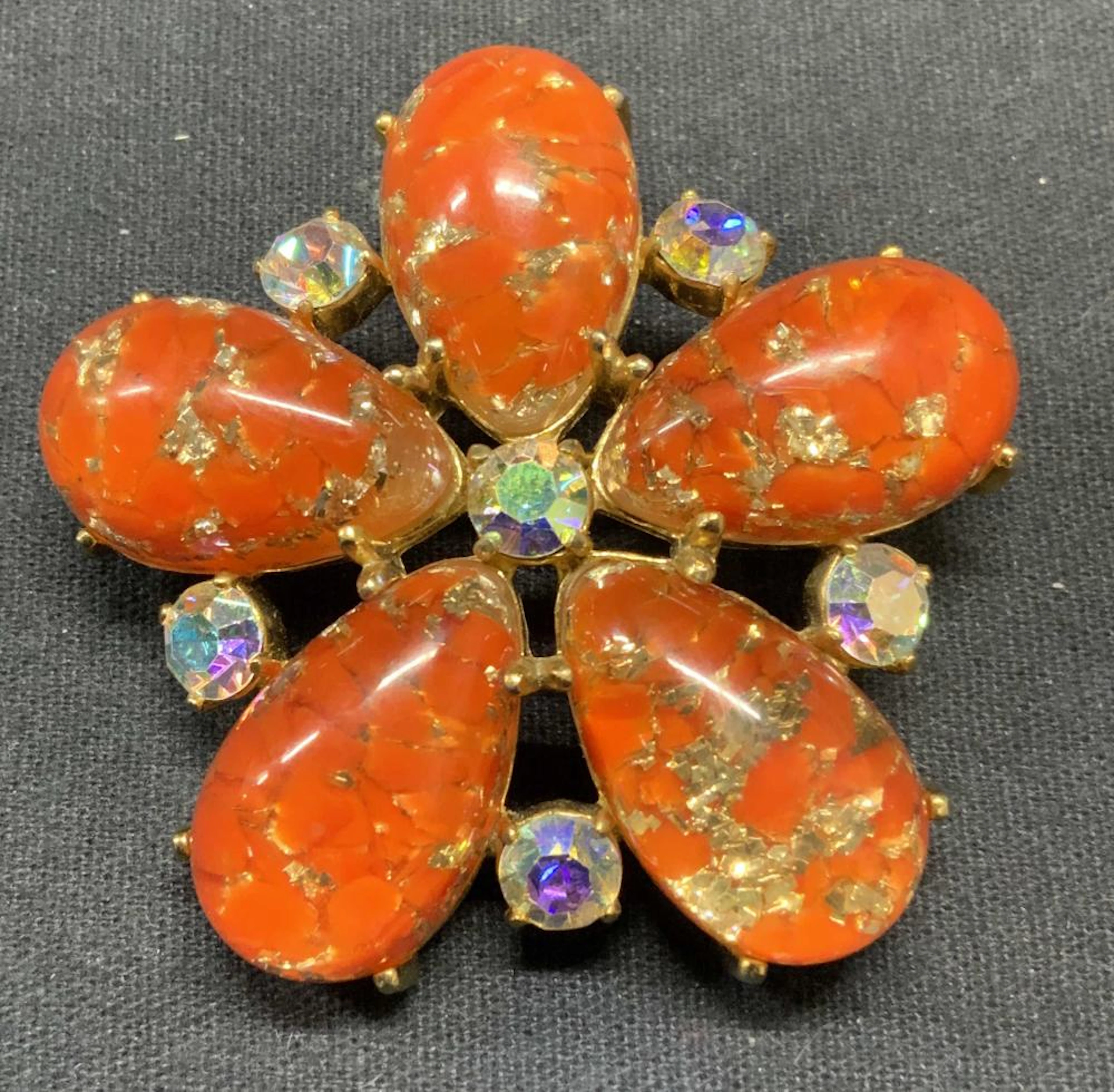 SCHIAPARELLI Gold Tone Orange Flower Brooch