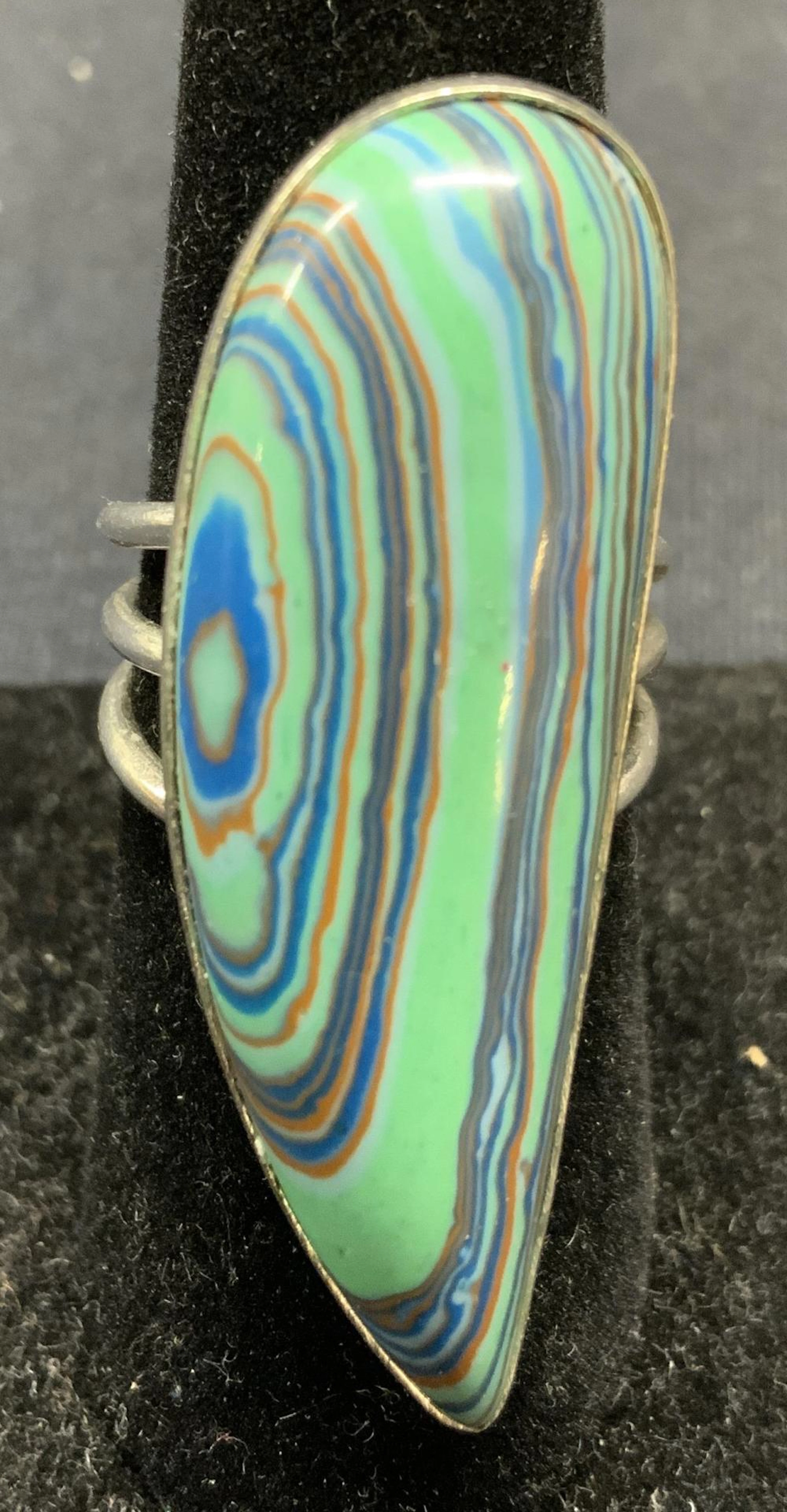 Silver Tone Blue Banded Stone Statement Ring