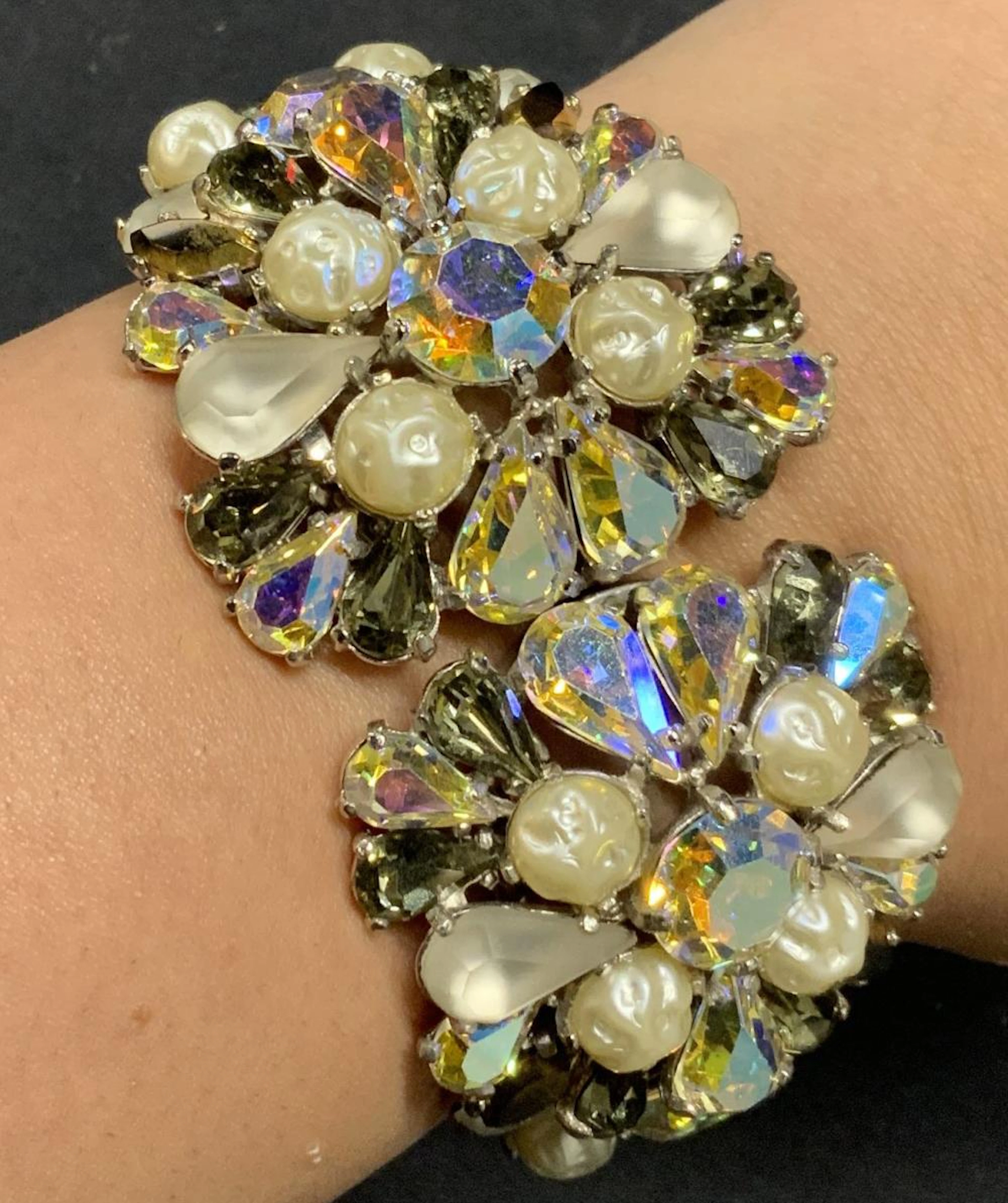 SCHIAPARELLI Faux Pearl Crystal Cuff Bracelet