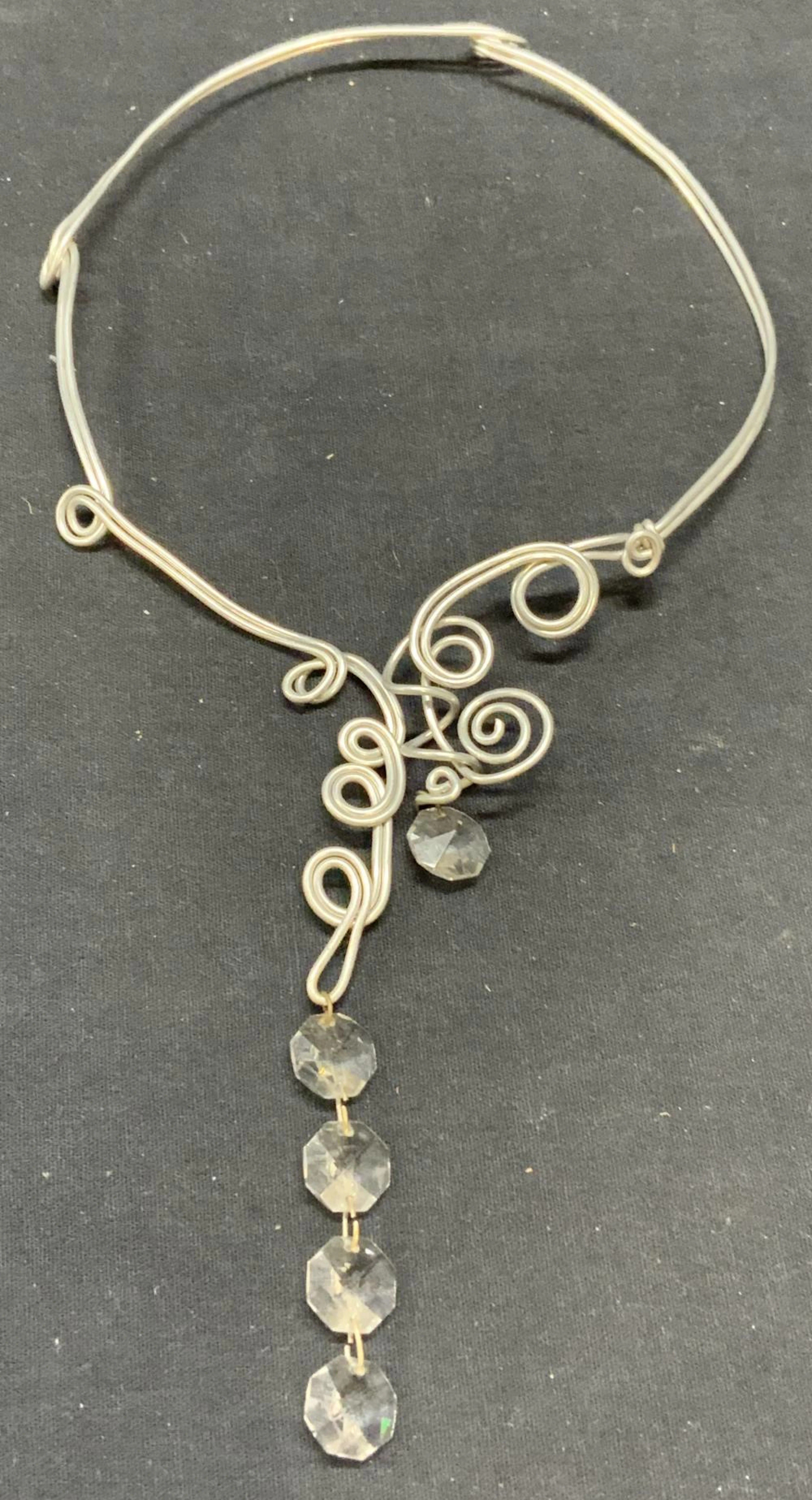 Silver Tone Sculptural Wire Crystal Necklace
