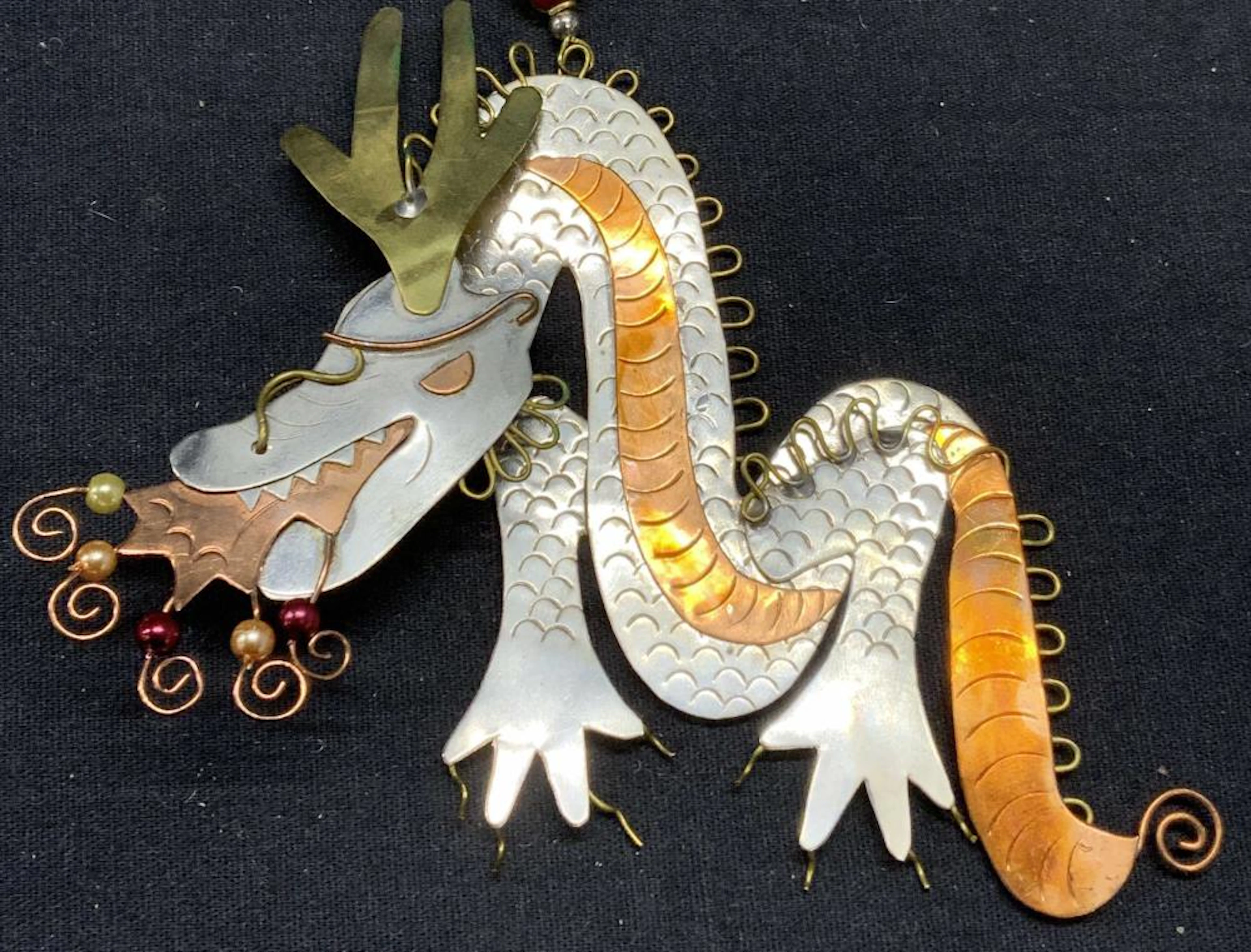 Hand Crafted XL Silver & Copper Tn Dragon Pendant