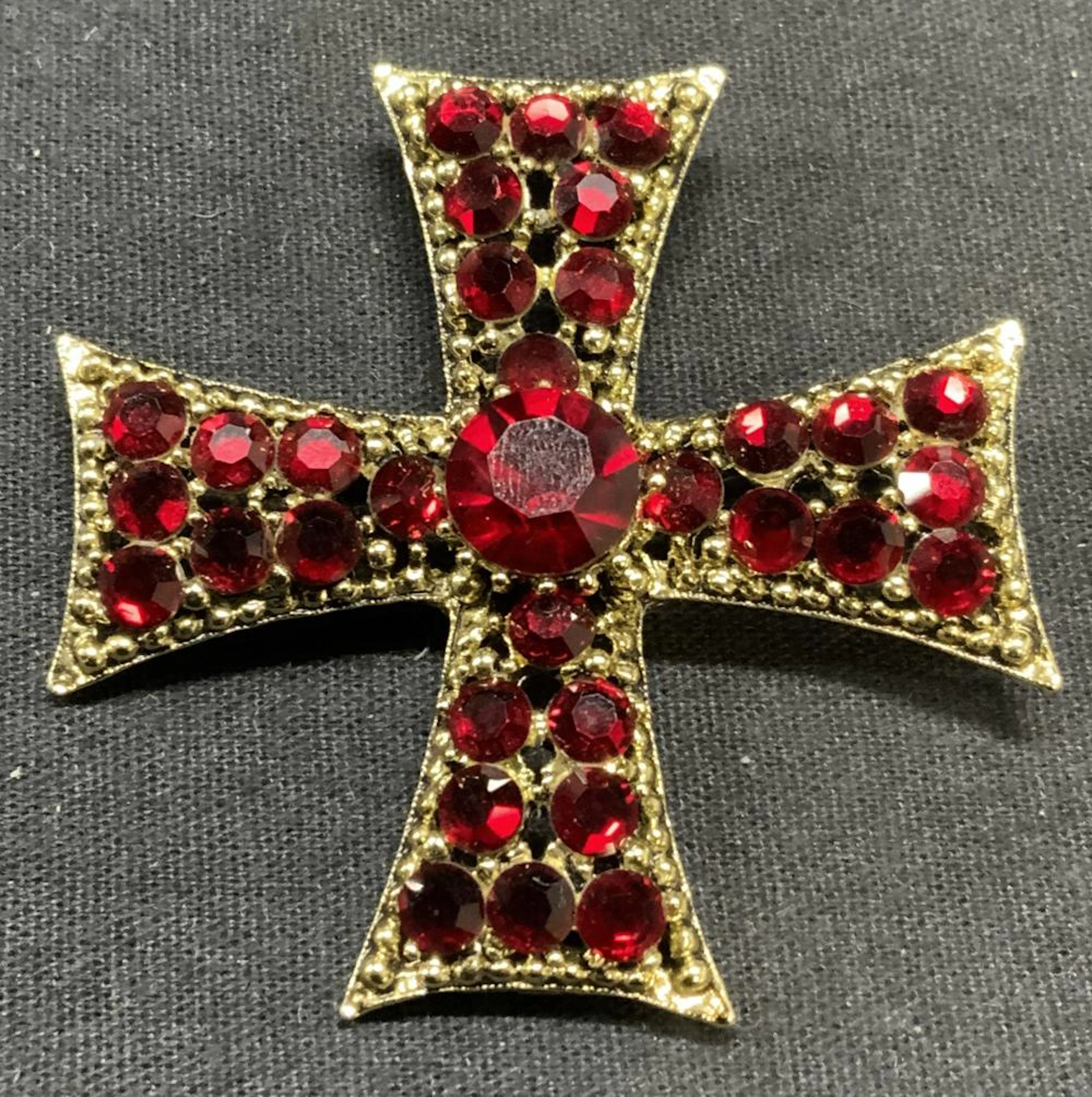 WEISS Gold Tn Red Crystal Maltese Cross Brooch