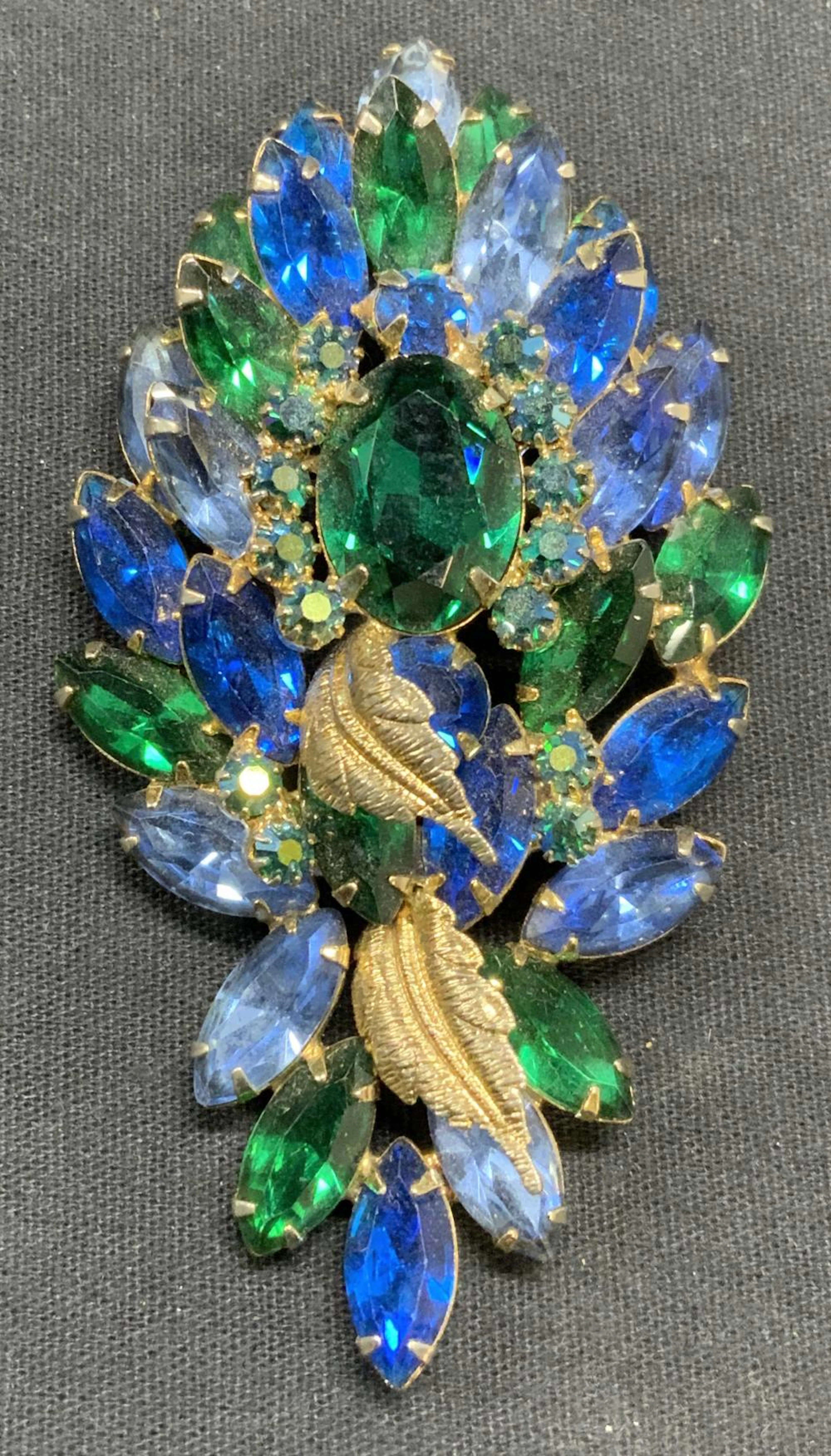 HATTIE CARNEGIE Blue & Green Crystal Brooch