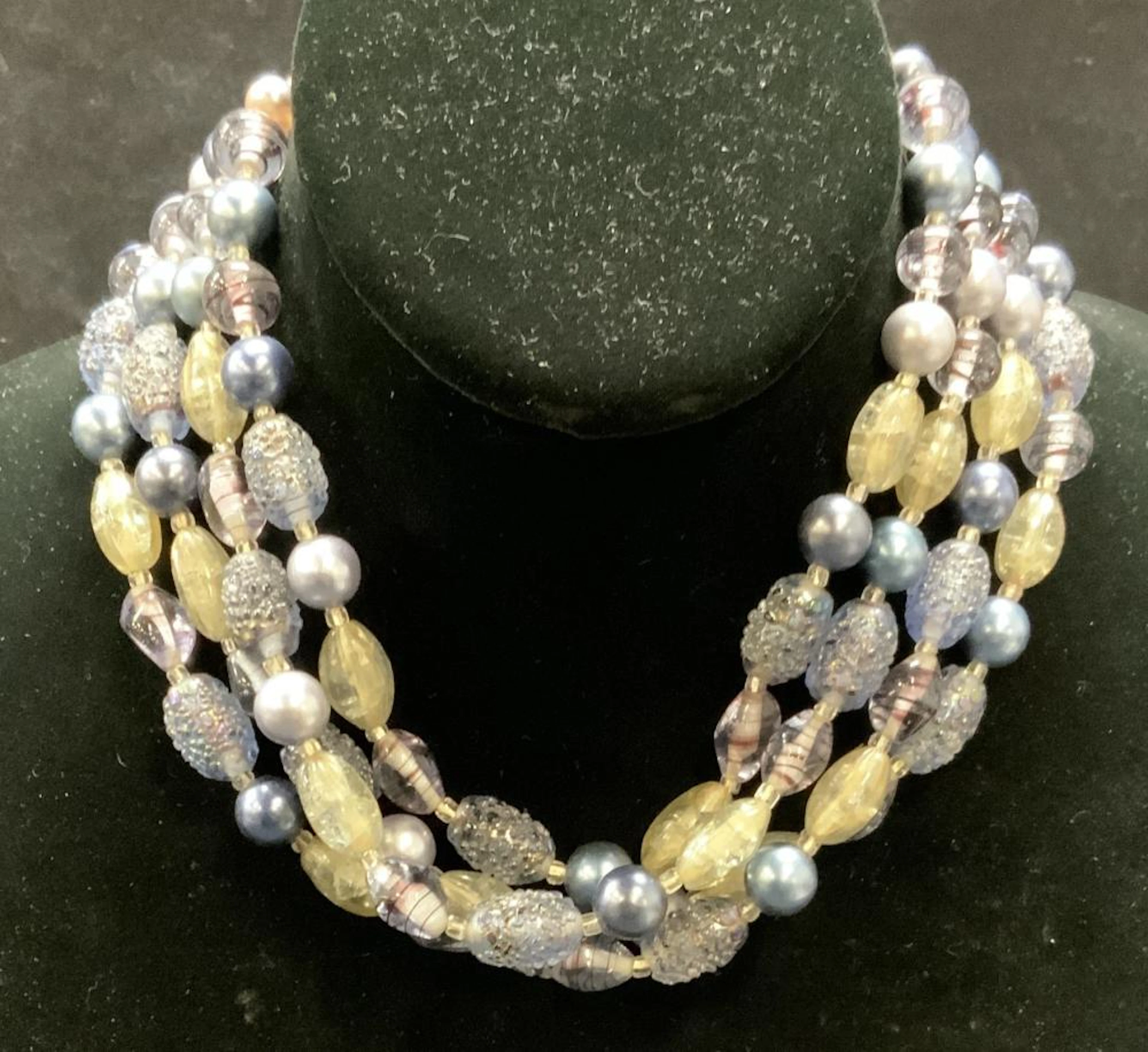 Blue Art Glass Beaded Multi Strand Choker Necklace