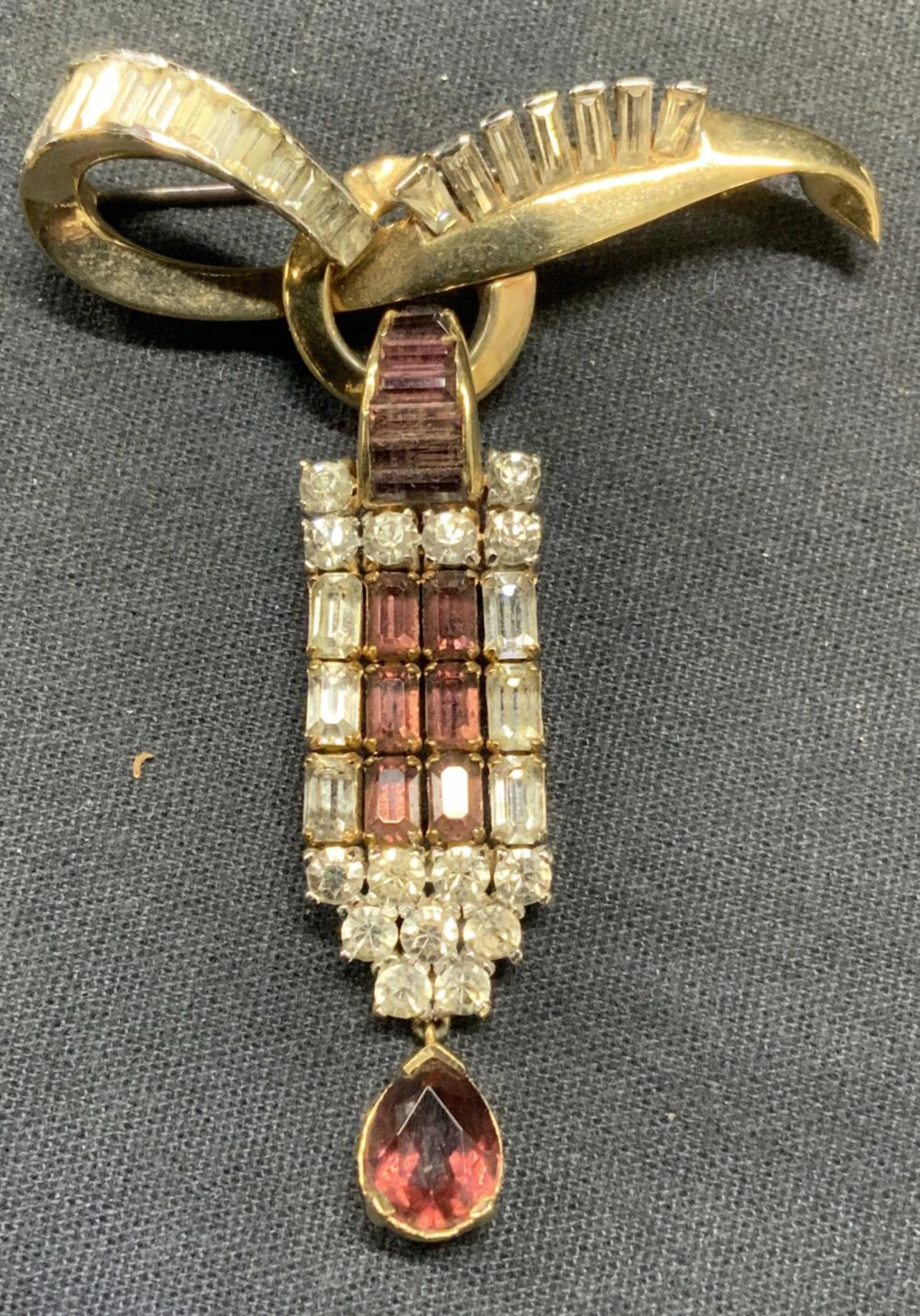 MAZER Gold Tone Pink & Colorless Crystal Brooch