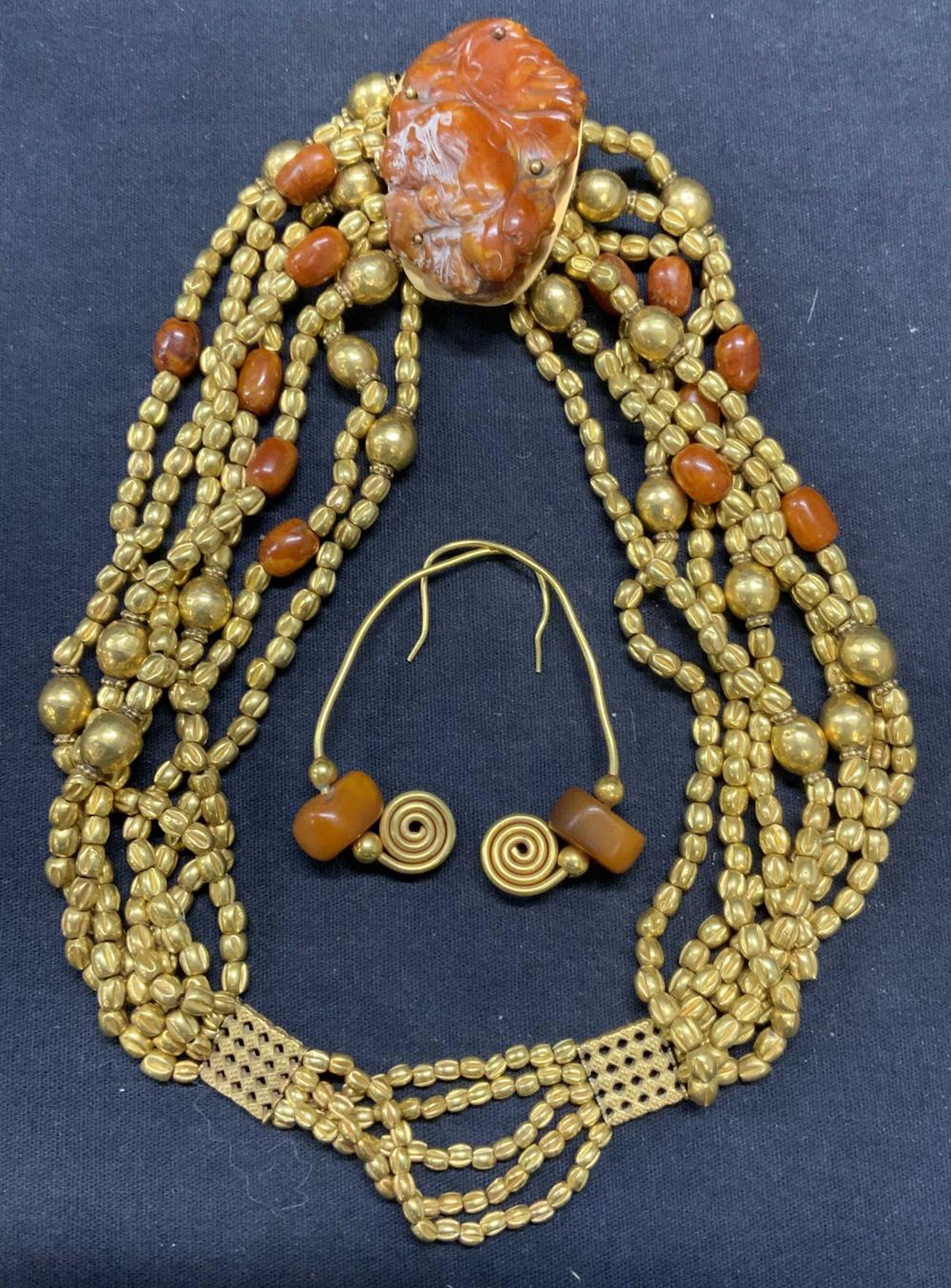 2 Gold Tn Carved Amber Necklace & Earrings
