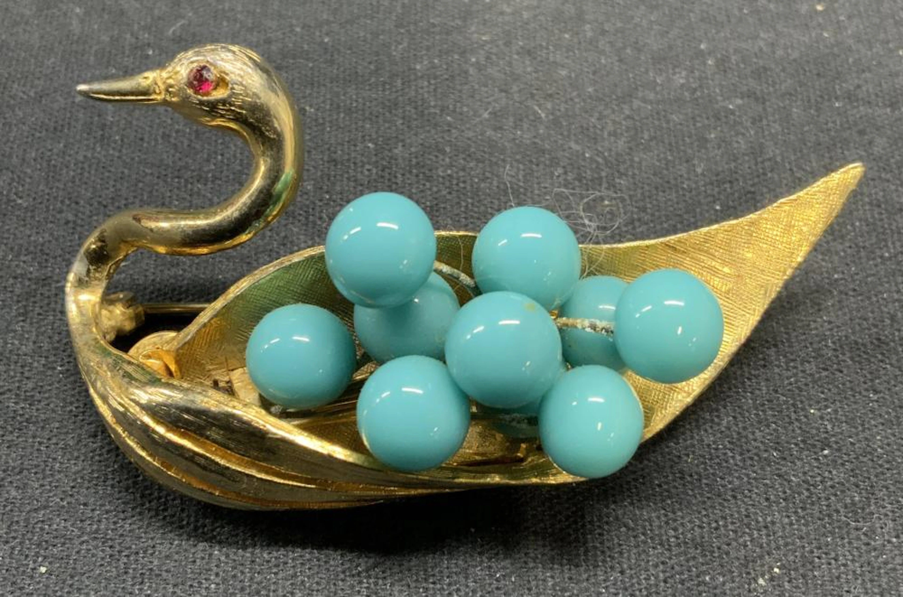 HATTIE CARNEGIE Gold Tn Blue Lucite Swan Brooch